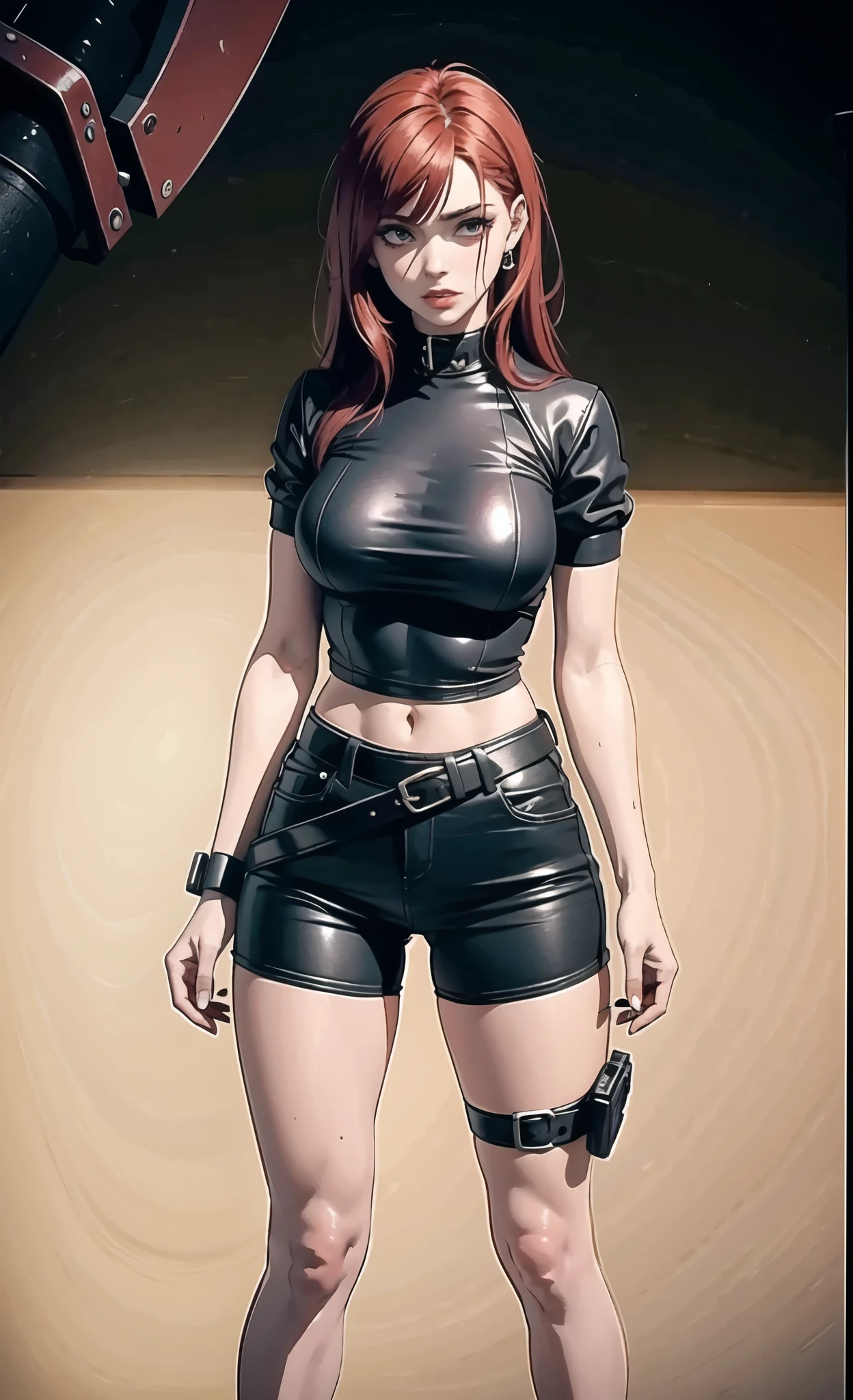 Dangerous red-haired killer girl, Girl in black tight clothes, short shorts, Tight jacket, belts, band-aid on the nose, contempt, beautiful detailed face, High quality,european girl, on the knees, missed a blow to the stomach, This, surprised, blood from the mouth, The girl holds her hands on her stomach, The girl's arms wrap around her waist, Blood on his hands, blood on the abdomen, A wound for life, bullet wound to the abdomen, Strict facial features, Spicy makeup, The face of young Melinda Clark, villain