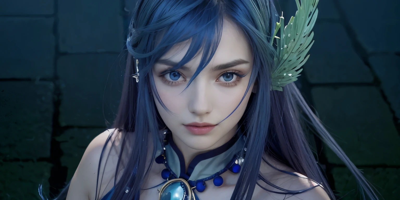 garota branca, olhos verdes, cabelo azul escuro, rosto musculoso, delineado azul nos olhos, acessorio metalico na orelha em forma de uma asa dourada, blue brooch on the neck with a scarf, rouba branca com detalhes em azul, Serious look,  ultra realista, 8k, extremamente detalhado, foto realista, 