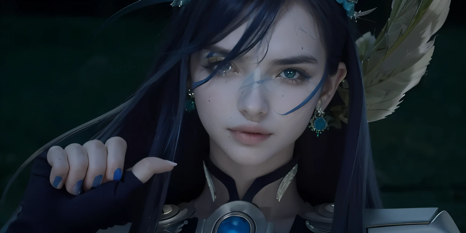 garota branca, olhos verdes, cabelo azul escuro, rosto musculoso, delineado azul nos olhos, acessorio metalico na orelha em forma de uma asa dourada, blue brooch on the neck with a scarf, rouba branca com detalhes em azul, Serious look, ultra realista, 8k, extremamente detalhado, foto realista,