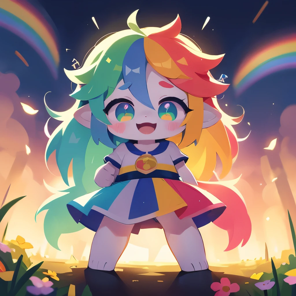 Sure thing! Here's a rainbow-inspired character you could create:

Rainbowheart

Rainbowheart is a bright and cheerful character who embodies all the colors of the rainbow. With rainbow-colored hair and clothes, Rainbowheart is a vibrant and positive presence that brings joy and light to everyone around them.

Rainbowheart has a special power that allows them to spread happiness and good vibes wherever they go. They can use their rainbow-colored magic to bring sunshine to a rainy day, make flowers bloom, and make people smile.

Rainbowheart is also a fierce defender of all that is good and just. They will always stand up for the  guy and fight against injustice and bullies. Rainbowheart is a hero in their own right, using their rainbow powers to spread love and joy and make the world a better place.

Rainbowheart is a character that represents all the colors of the rainbow and the magic and wonder that comes with it. They are a symbol of hope and positivity, and a beacon of light in a world that can sometimes be dark and scary. 🌈💕