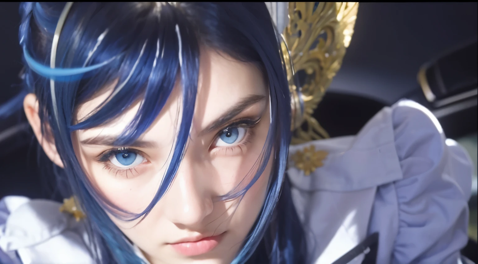 garota branca, olhos verdes, cabelo azul escuro, rosto musculoso, delineado azul nos olhos, acessorio metalico na orelha em forma de uma asa dourada, blue brooch on the neck with a scarf, rouba branca com detalhes em azul, Serious look, ultra realista, 8k, extremamente detalhado, foto realista,
