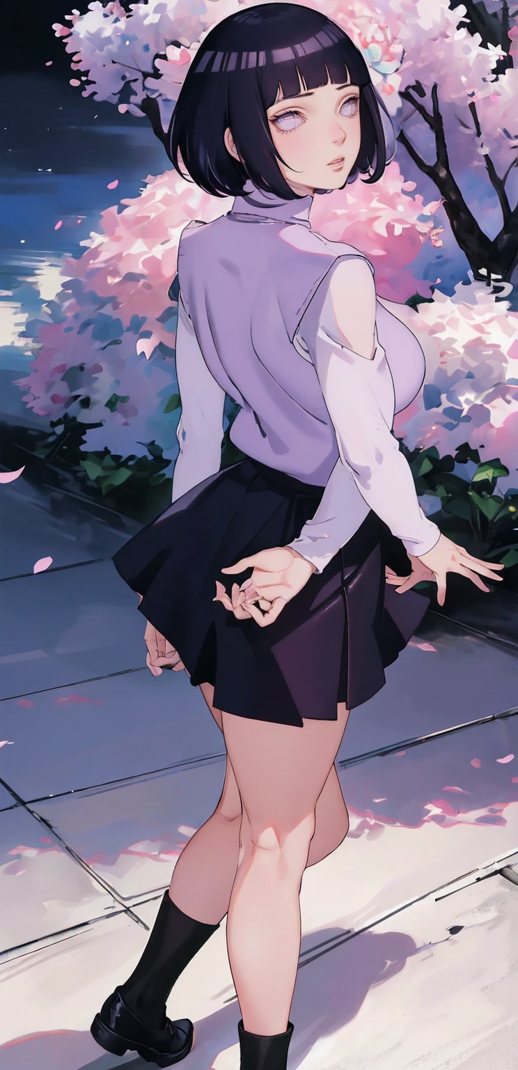 { - anatomy error} (Masterpiece - Ultra-detailed, very high resolution) (huge titusty, masterpiece, absurdres, hinata\(boruto\), 1girl, solo,mature female, lilac turtleneck blouse, high waist black short skirt, looking at viewelling petals), perfect composition, detailed lips, big breast, beautiful face, body propotion, blush, (pink lips), short hair, (black hair), purple eyes, soft gaze, super realistic, detailed, photoshoot, realistic face and body, closed mouth, dancing ligthly , lilac eyes, full body, walking on the floor , perfect fingers, inocent face