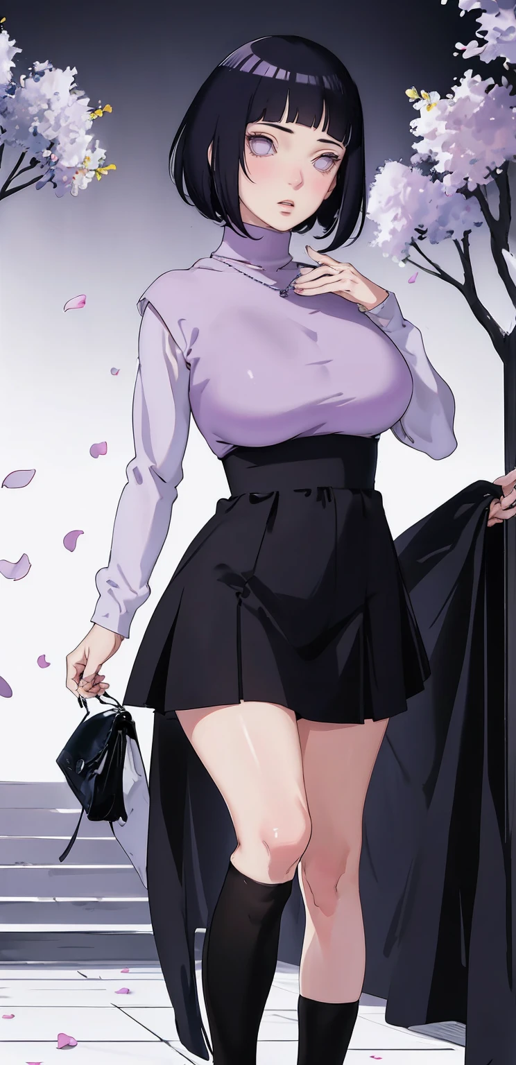 { - anatomy error} (Masterpiece - Ultra-detailed, very high resolution) (huge titusty, masterpiece, absurdres, hinata\(boruto\), 1girl, solo,mature female, lilac turtleneck blouse, high waist black short skirt, looking at viewelling petals), perfect composition, detailed lips, big breast, beautiful face, body propotion, blush, (pink lips), short hair, (black hair), purple eyes, soft gaze, super realistic, detailed, photoshoot, realistic face and body, closed mouth, dancing ligthly , lilac eyes, full body, walking on the floor , perfect fingers, inocent face