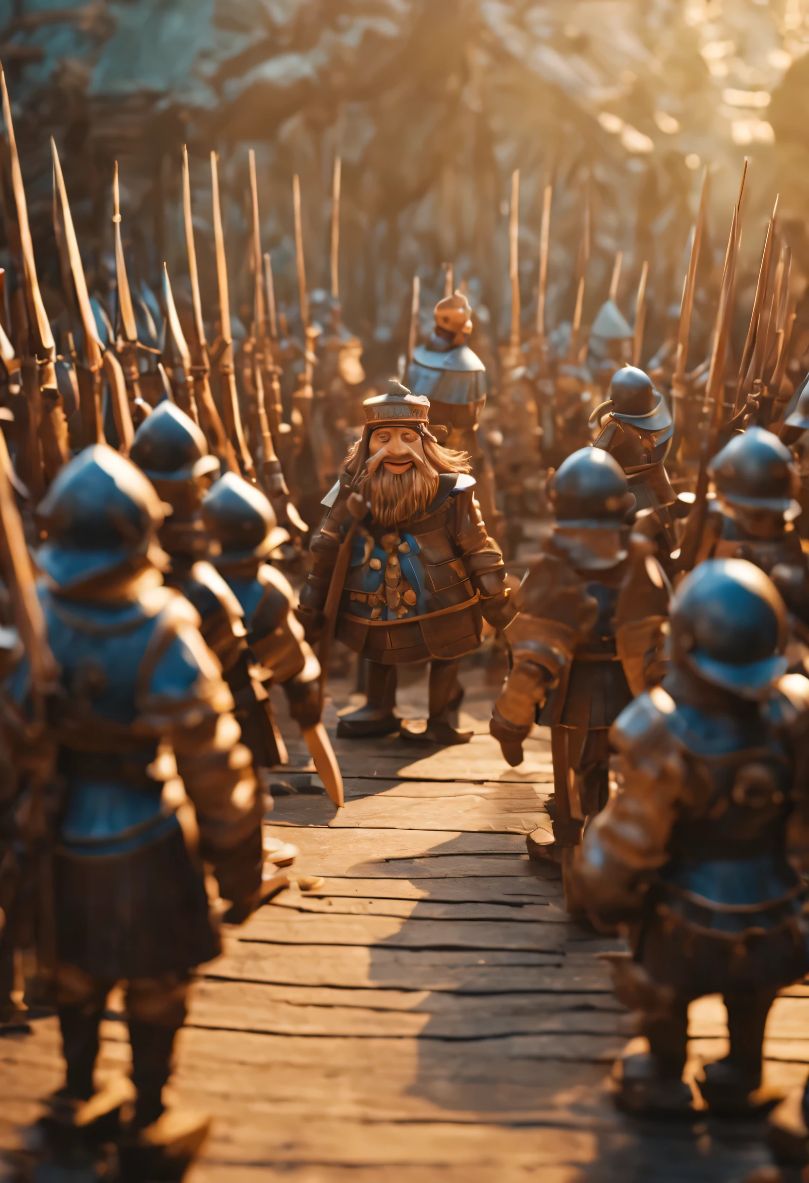 A Russian fairy tale. A very dynamic scene. Close-up in full height. Evil General Urfin Jus and his wooden soldiers (made of wood). Smiling broadly and evilly. Photorealistic, cinematographic. Studio Ghibli, Pixar. Blurred background. Light haze.