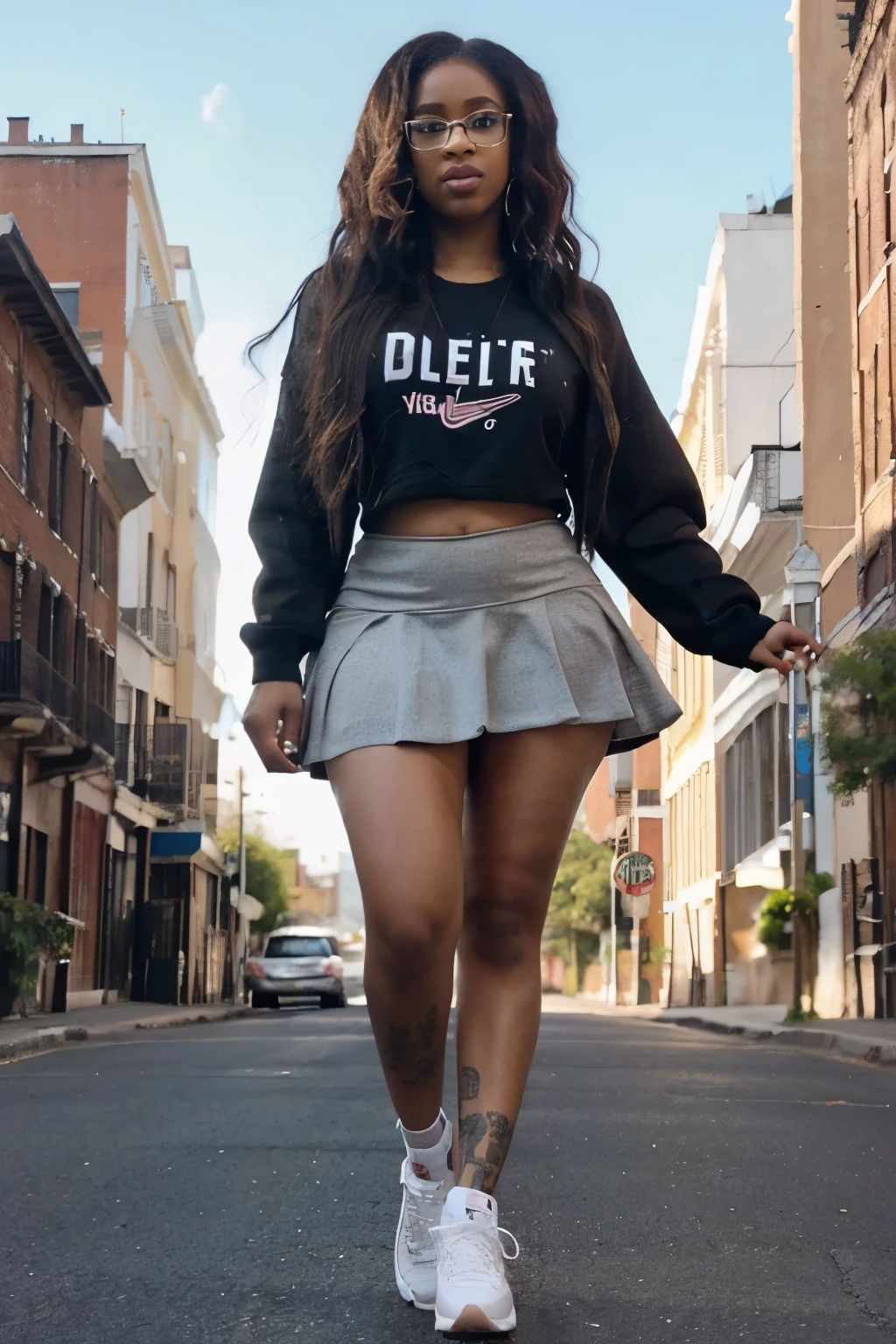 In focus, black woman,highly detailed image, photo realistic , wearing glasses,slim thick, fit body, cardi b, hair long and wavy, wearing a tight short skirt