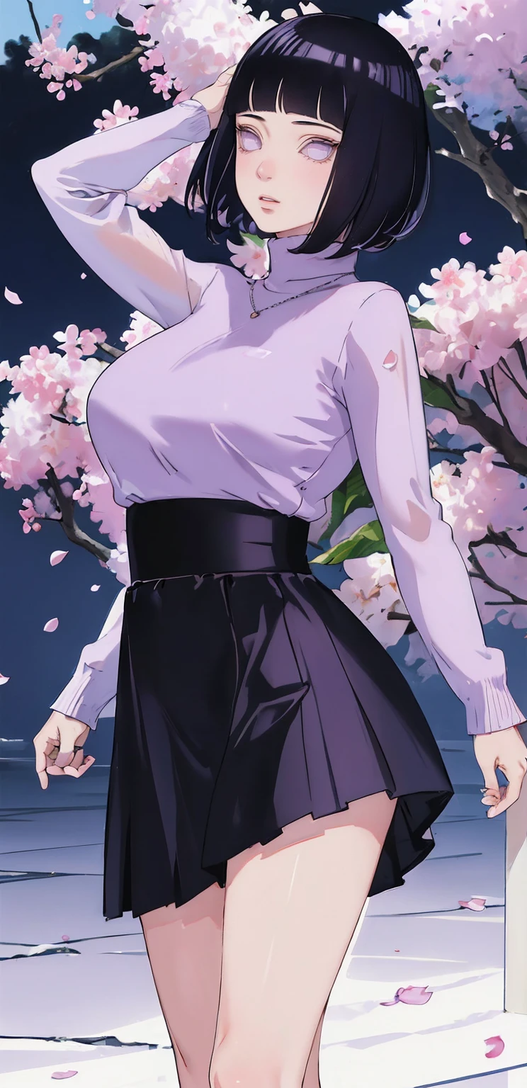 { - anatomy error} (Masterpiece - Ultra-detailed, very high resolution) (huge titusty, masterpiece, absurdres, hinata\(boruto\), 1girl, solo,mature female, lilac turtleneck blouse, high waist black short skirt, looking at viewelling petals), perfect composition, detailed lips, big breast, beautiful face, body propotion, blush, (pink lips), short hair, (black hair), purple eyes, soft gaze, super realistic, detailed, photoshoot, realistic face and body, closed mouth, dancing ligthly , lilac eyes, full body, walking on the floor , perfect fingers, inocent face