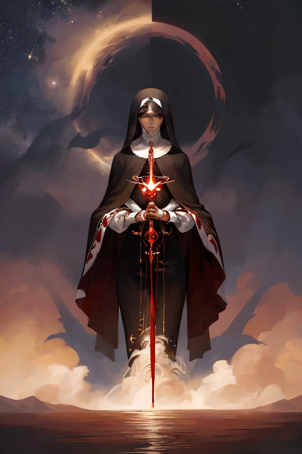masterpiece:1.2, best quality, ultra detailed, absurdres, 1woman,female_focused, tan skin,blood splatter, (action shot), portrait, badass nun, (alone), (modestly covered), nun_attire, sister, robe, brown_hair, in the style of Kentaro Miura, fantasy, SCI-FI, night sky,