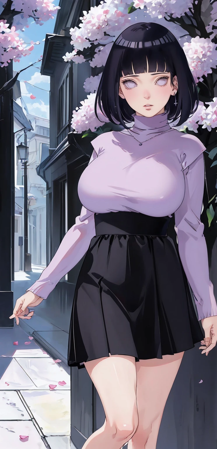 { - anatomy error} (Masterpiece - Ultra-detailed, very high resolution) (huge titusty, masterpiece, absurdres, hinata\(boruto\), 1girl, solo,mature female, lilac turtleneck blouse, high waist black short skirt, looking at viewelling petals), perfect composition, detailed lips, big breast, beautiful face, body propotion, blush, (pink lips), short hair, (black hair), purple eyes, soft gaze, super realistic, detailed, photoshoot, realistic face and body, closed mouth, dancing ligthly , lilac eyes, full body, walking on the floor , perfect fingers, inocent face