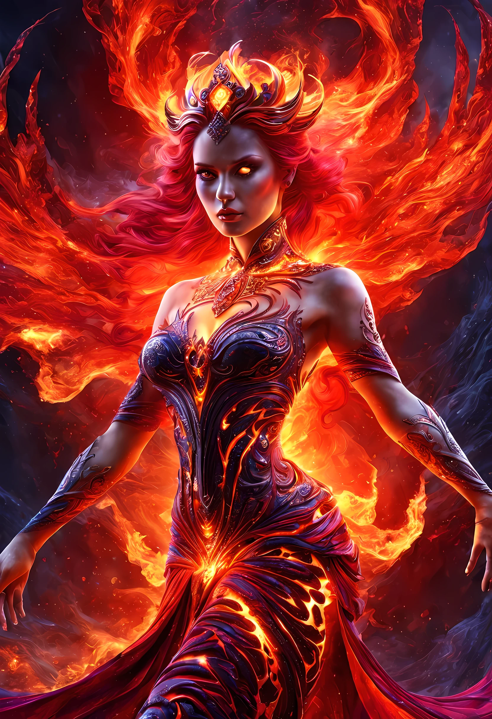 high details, best quality, 8k, [ultra detailed], masterpiece, best quality, (extremely detailed), full body, ultra wide shot, photorealistic, faize fantasy art, dnd art, rpg art, realistic art, an ultra wide picture of a female human (1.5 intricate details, Masterpiece, best quality) godess of fire  ((fiery radiant aura)), controlling a swirling fiery red radiant magic (1.5 intricate details, Masterpiece, best quality), manipulating purple radiant magical symbols, [[divine symbols]] (1.5 intricate details, Masterpiece, best quality), human female, red  hair, long hair with aura, hair with red radiant eyes, intense eyes, ((radiant eyes)), (( red glowing eyes)), dynamic clothing, fantasy volcano back ground, stresms of lava,  celestial  background, ((divine worship atmosphere)), high details, best quality, highres, ultra wide angle