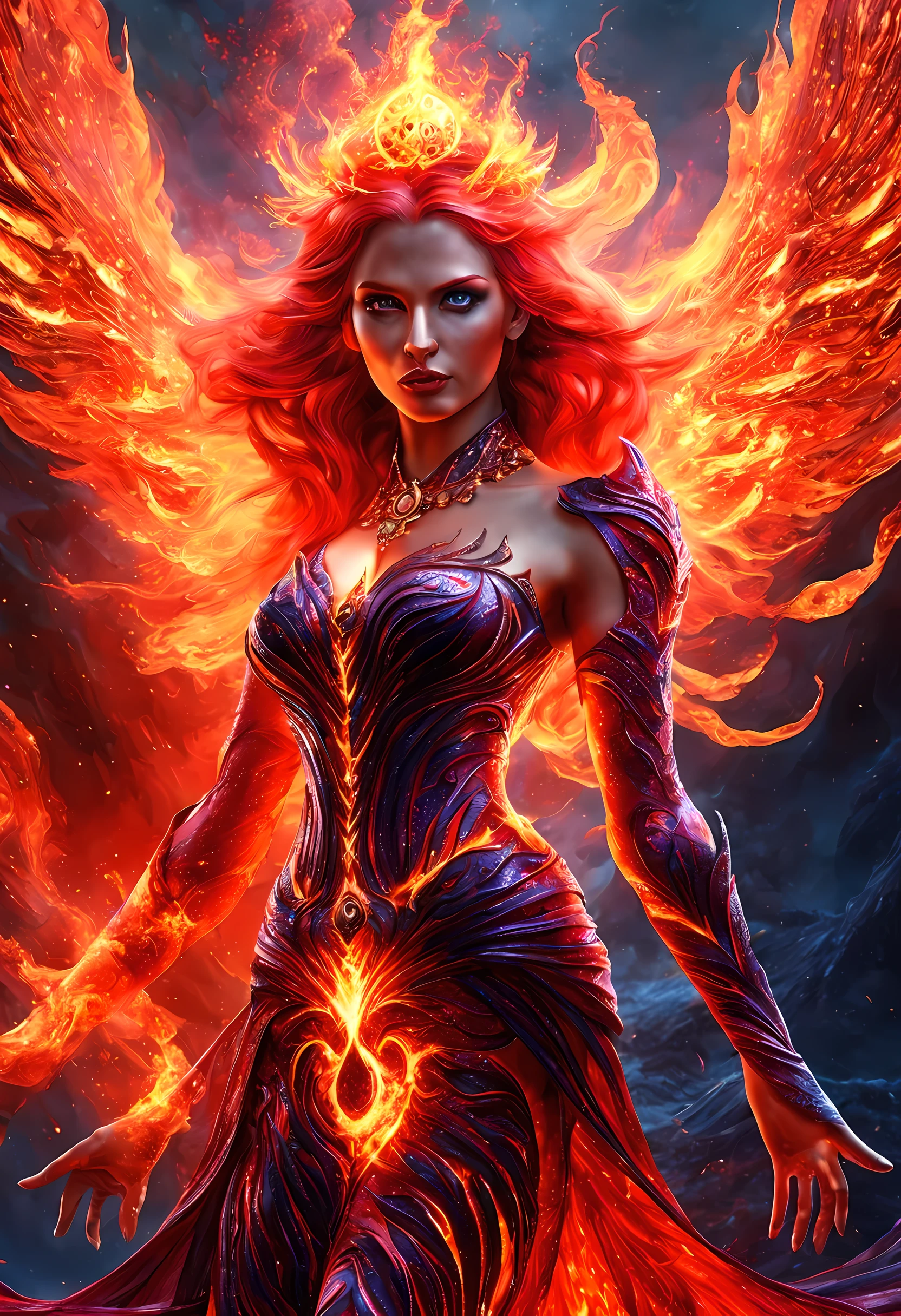 high details, best quality, 8k, [ultra detailed], masterpiece, best quality, (extremely detailed), full body, ultra wide shot, photorealistic, faize fantasy art, dnd art, rpg art, realistic art, an ultra wide picture of a female human (1.5 intricate details, Masterpiece, best quality) godess of fire  ((fiery radiant aura)), controlling a swirling fiery red radiant magic (1.5 intricate details, Masterpiece, best quality), manipulating purple radiant magical symbols, [[divine symbols]] (1.5 intricate details, Masterpiece, best quality), human female, red  hair, long hair with aura, hair with red radiant eyes, intense eyes, ((radiant eyes)), (( red glowing eyes)), dynamic clothing, fantasy volcano back ground, stresms of lava,  celestial  background, ((divine worship atmosphere)), high details, best quality, highres, ultra wide angle