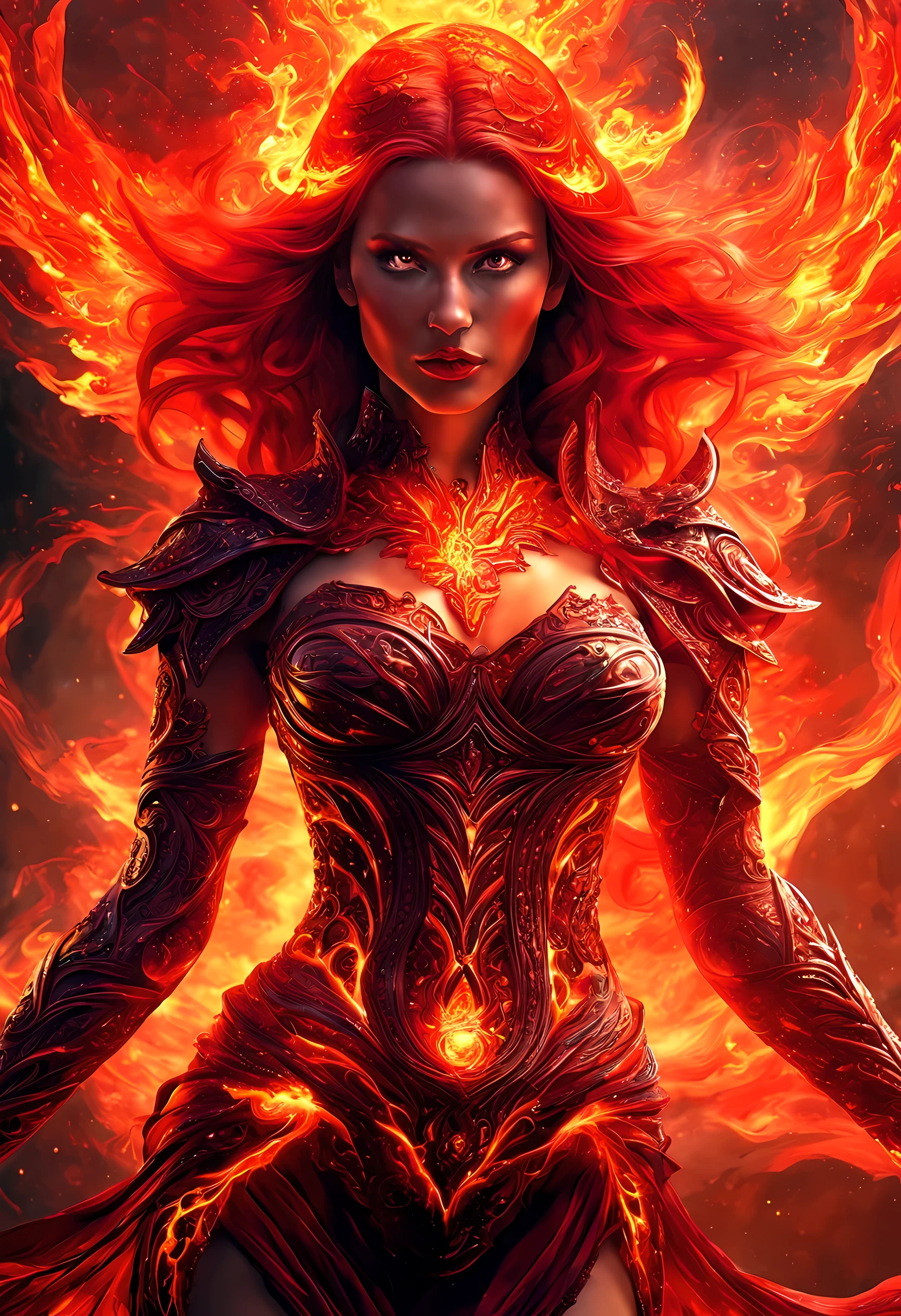 high details, best quality, 8k, [ultra detailed], masterpiece, best quality, (extremely detailed), full body, ultra wide shot, photorealistic, faize fantasy art, dnd art, rpg art, realistic art, an ultra wide picture of a female human (1.5 intricate details, Masterpiece, best quality) godess of fire  ((fiery radiant aura)), controlling a swirling fiery red radiant magic (1.5 intricate details, Masterpiece, best quality), manipulating purple radiant magical symbols, [[divine symbols]] (1.5 intricate details, Masterpiece, best quality), human female, red  hair, long hair with aura, hair with red radiant eyes, intense eyes, ((radiant eyes)), (( red glowing eyes)), dynamic clothing, fantasy volcano back ground, stresms of lava,  celestial  background, ((divine worship atmosphere)), high details, best quality, highres, ultra wide angle