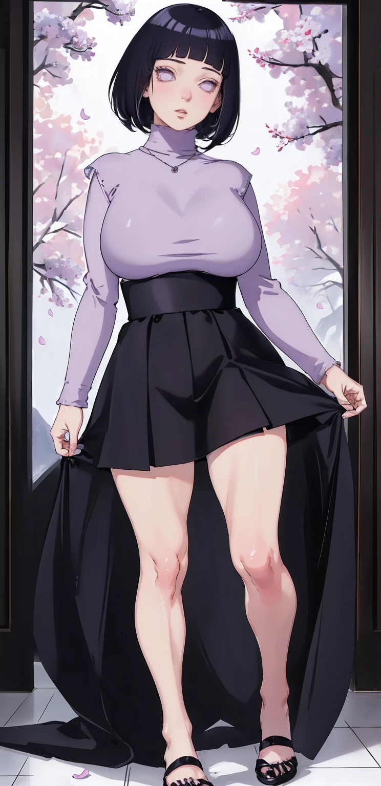 { - anatomy error} (Masterpiece - Ultra-detailed, very high resolution) (huge titusty, masterpiece, absurdres, hinata\(boruto\), 1girl, solo,mature female, lilac turtleneck blouse, high waist black short skirt, looking at viewelling petals), perfect composition, detailed lips, big breast, beautiful face, body propotion, blush, (pink lips), short hair, (black hair), purple eyes, soft gaze, super realistic, detailed, photoshoot, realistic face and body, closed mouth, dancing ligthly , lilac eyes, full body, walking on the floor , perfect fingers, inocent face