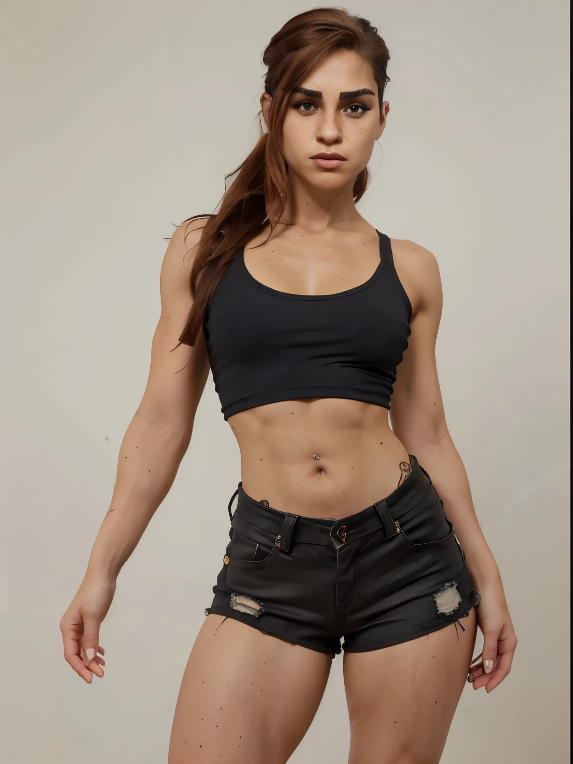 dyed bright red hair, black hair, thick hair, fluffy hair, long hair, turquoise eyes, black top, arm bands, bracelets, ripped tights, denim skirt, black denim skirt, black crop cami, (t-shirt:0.3) laced boots, earrings, confident expression, smiling, colorful background, stage lights, edgy, alluring, bold, rocker style, punk clothing, wide hips, huge breasts, iranian, australian, red eyeliner, red eyeshadow, mascara