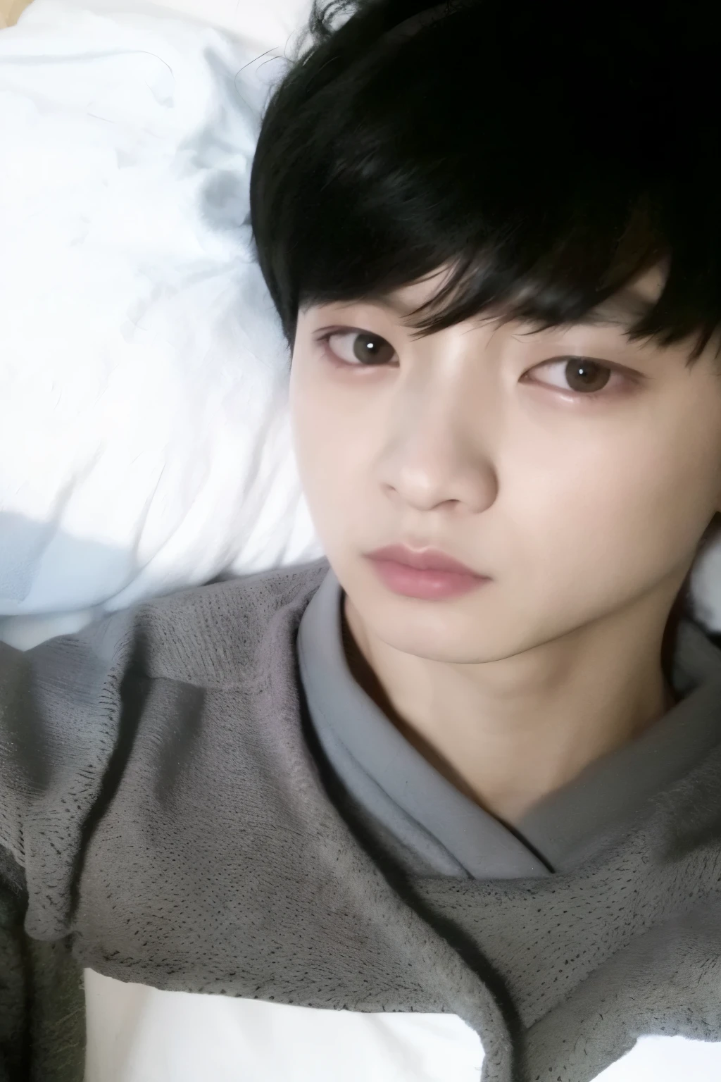arafed asian man lying in bed with a remote control, jungkook, hyung tae, Jimin\his right eyelid is swollen, pintar ulzzang, pale korean adorable face, yoongi de pelo negro, Jinyoung Shin, TaeJune Kim, hong junio hyung, Won Bin Lee, Jimin\los labios carnosos, shin jeongho, ojos dormitorio, cai xukun