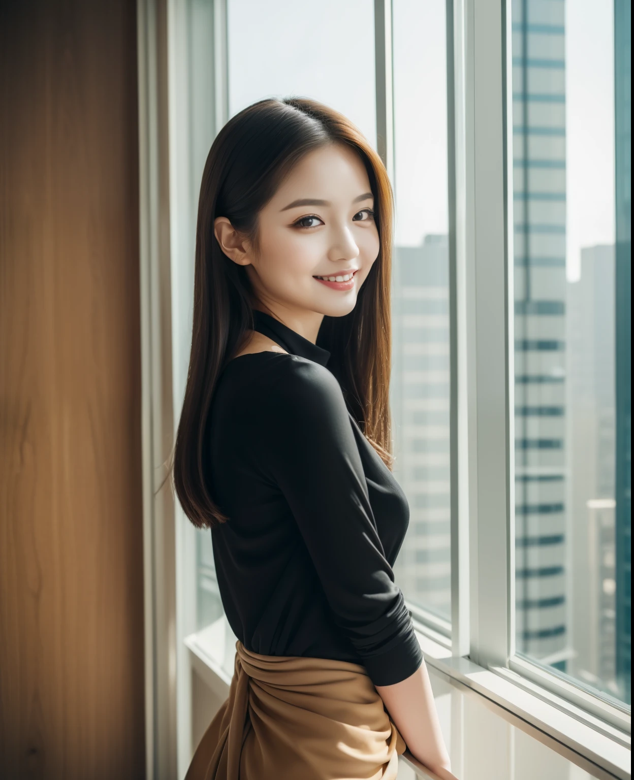 ((highest quality, 8K, masterpiece: 1.3)), beautiful girl, Pure, melon face, kind and cute, cute smile, Pure desire, slender body, (front), (tilted head), ((looking at camera) ), wearing an amber suit, black silky long hair, long flowing shoulders, round black big eyes, clear big eyes, moist red lips, sweet, ,(((waist shot))) Modern office background with large windows, urban view, bright color tones, minimalist design."