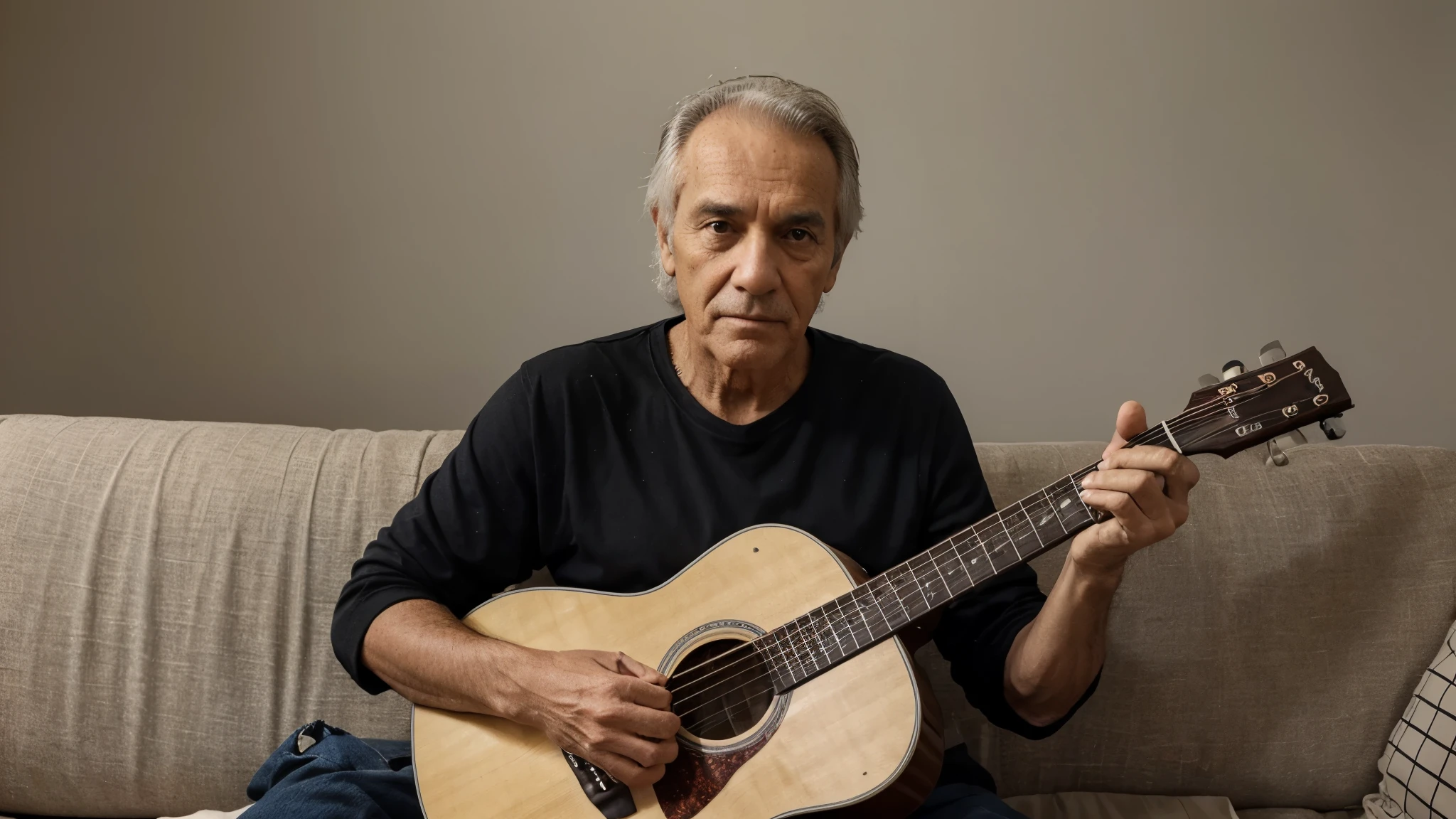 Crie uma imagem de um homem de 60 anos de idade, with guitar in his arms, olhando pra frente, Looking at the camera