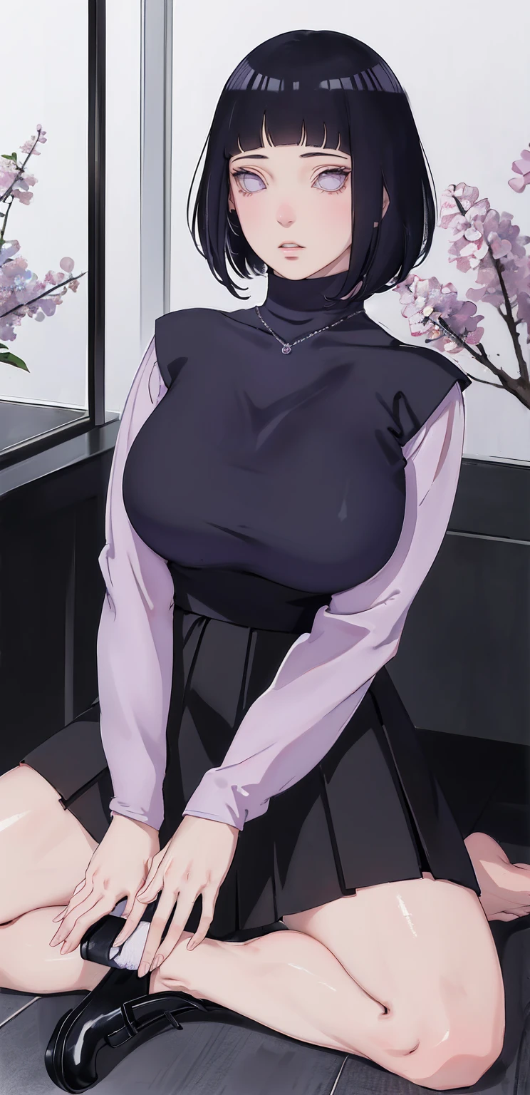 { - anatomy error} (Masterpiece - Ultra-detailed, very high resolution) (huge titusty, masterpiece, absurdres, hinata\(boruto\), 1girl, solo,mature female, lilac turtleneck blouse, high waist black short skirt, looking at viewelling petals), perfect composition, detailed lips, big breast, beautiful face, body propotion, blush, (pink lips), short hair, (black hair), purple eyes, soft gaze, super realistic, detailed, photoshoot, realistic face and body, closed mouth, dancing ligthly , lilac eyes, full body, walking on the floor , perfect fingers, inocent face