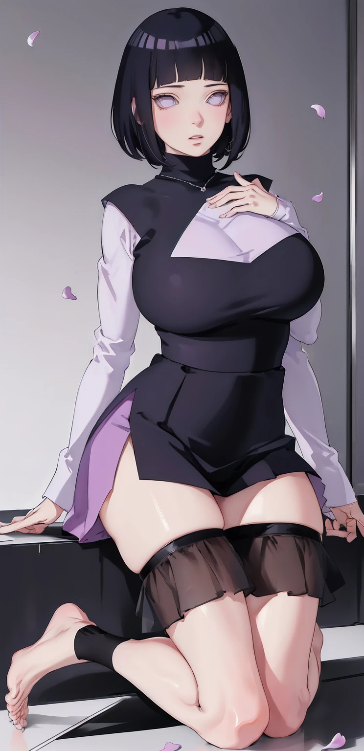 { - anatomy error} (Masterpiece - Ultra-detailed, very high resolution) (huge titusty, masterpiece, absurdres, hinata\(boruto\), 1girl, solo,mature female, lilac turtleneck blouse, high waist black short skirt, looking at viewelling petals), perfect composition, detailed lips, big breast, beautiful face, body propotion, blush, (pink lips), short hair, (black hair), purple eyes, soft gaze, super realistic, detailed, photoshoot, realistic face and body, closed mouth, dancing ligthly , lilac eyes, full body, walking on the floor , perfect fingers, inocent face