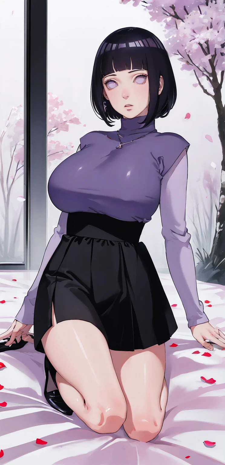 { - anatomy error} (Masterpiece - Ultra-detailed, very high resolution) (huge titusty, masterpiece, absurdres, hinata\(boruto\), 1girl, solo,mature female, lilac turtleneck blouse, high waist black short skirt, looking at viewelling petals), perfect composition, detailed lips, big breast, beautiful face, body propotion, blush, (pink lips), short hair, (black hair), purple eyes, soft gaze, super realistic, detailed, photoshoot, realistic face and body, closed mouth, dancing ligthly , lilac eyes, full body, walking on the floor , perfect fingers, inocent face