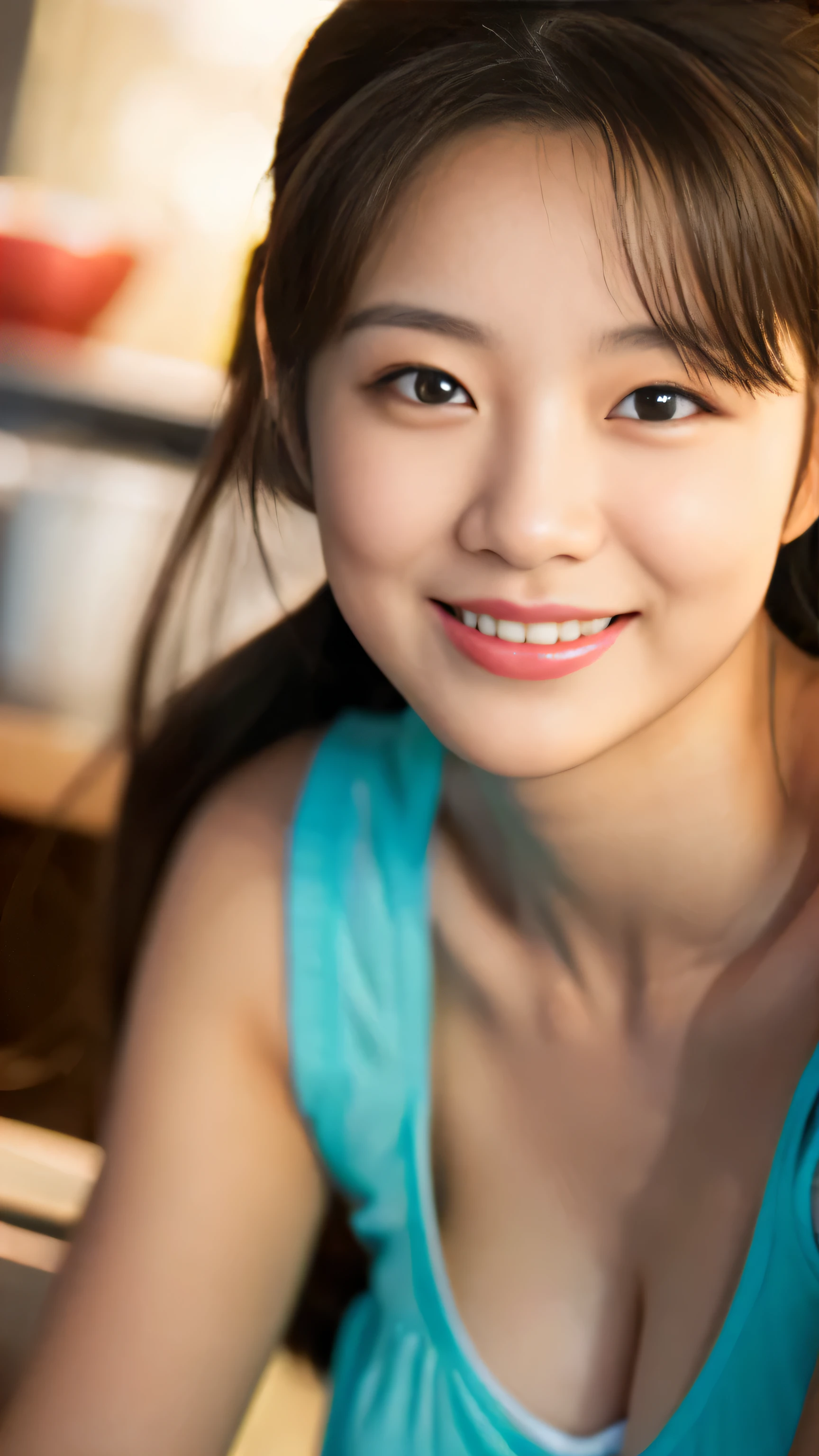 Realistic photo of (1cute Korean actress), tank top, in ramen shop, smiling, Canon EOS, clear facial features, close up portrait, cinematic mode, 8K
