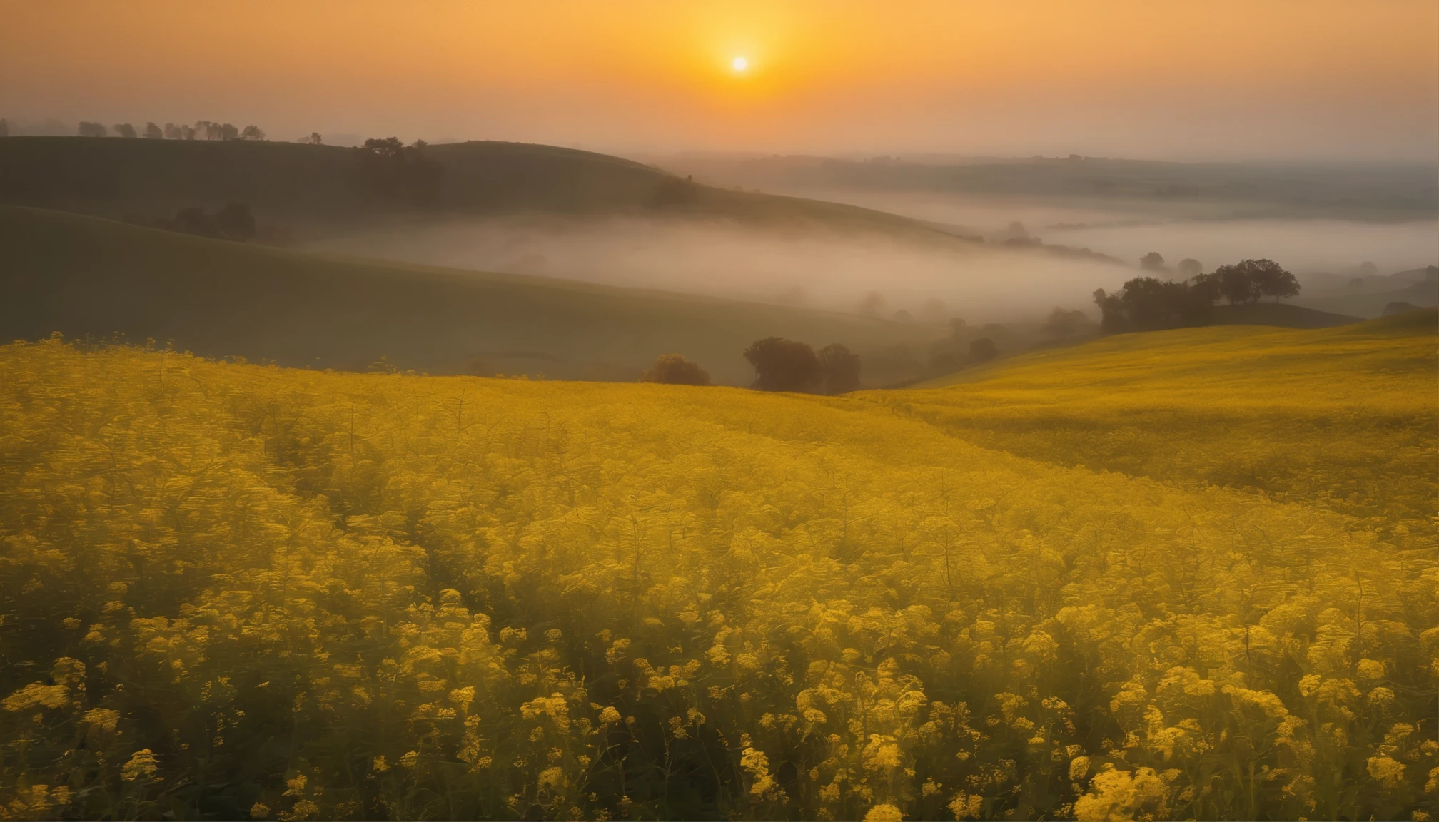 The tranquility of rape flowers blooming in the morning mist at autumn dawn，Soft golden tones depict the horizon of the flower fields and the sky，Scattered towards small wildflowers，IMAGE IN 2560X1440 PIXEL FORMAT