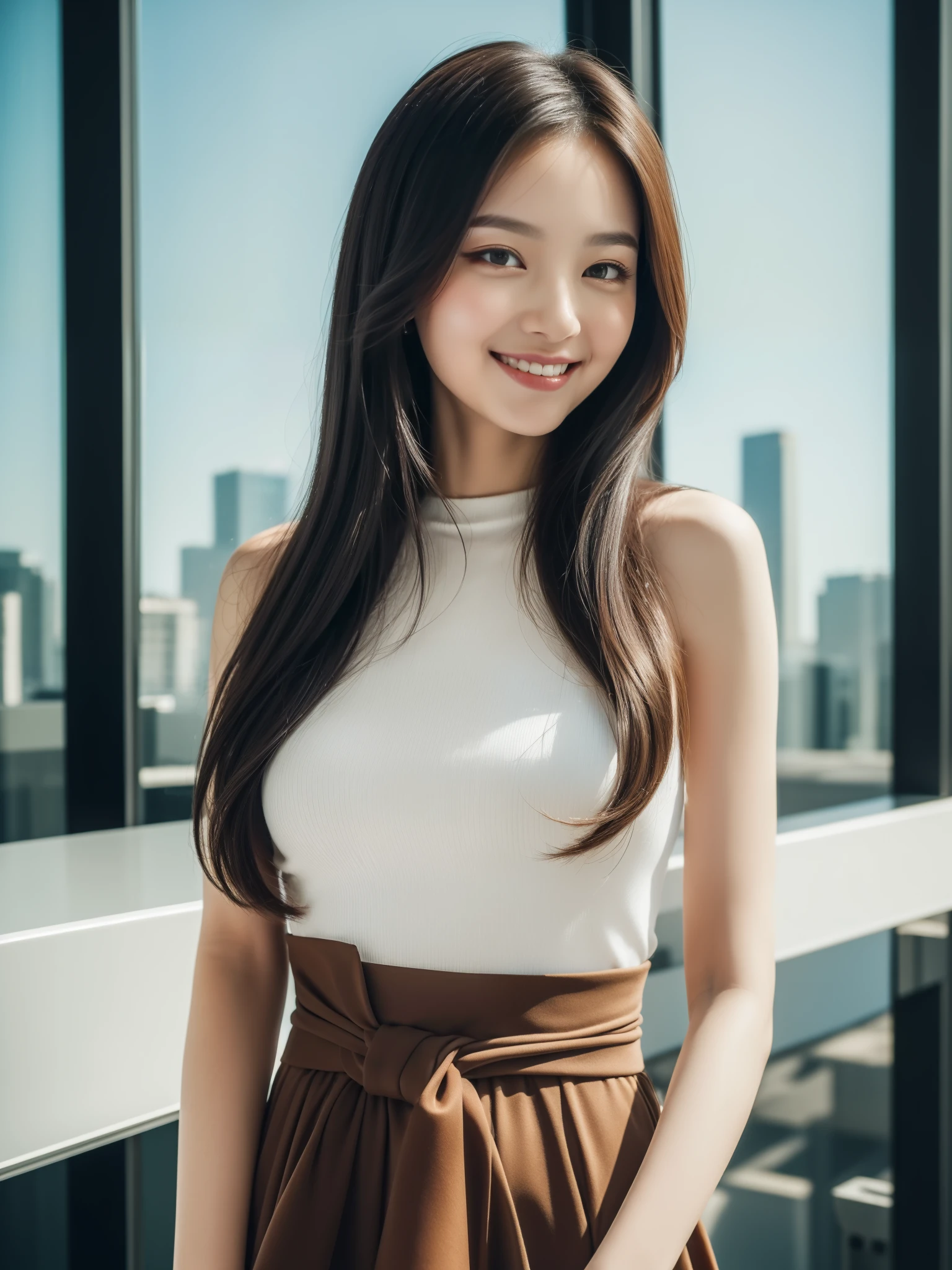 ((highest quality, 8K, masterpiece: 1.3)), beautiful girl, Pure, melon face, kind and cute, cute smile, Pure desire, slender body, (front), (tilted head), ((looking at camera) ), wearing an amber suit, black silky long hair, long flowing shoulders, round black big eyes, clear big eyes, moist red lips, sweet,  ,(((waist shot))) Modern office background with large windows, urban view, bright color tones, minimalist design."