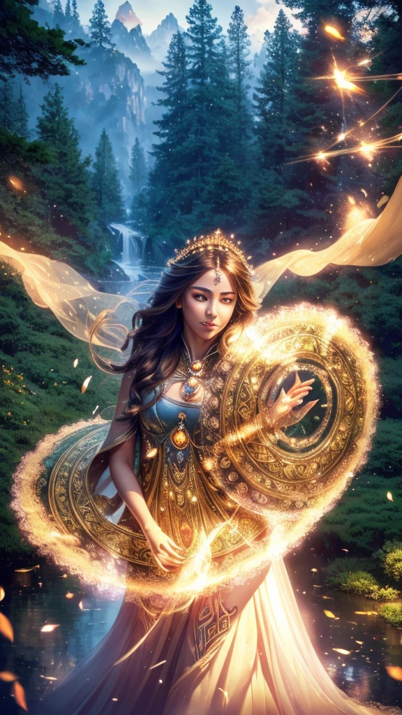 (best quality,4k,8k,highres,masterpiece:1.2),ultra-detailed,(realistic,photorealistic,photo-realistic:1.37),a spectacular Magical Girl in a vibrant garden,glowing with enchanting colors an aura of mystery,soft sunlight filtering through the trees,delicate flowers in full bloom,sparkling dew drops on the grass,fluttering butterflies and songbirds in the air,a shimmering halo around the girl's head,fine details of her flowing hair and sparkling eyes,a flowing and elegant dress with intricate lace patterns,subtle hints of magic in the form of glowing symbols in the air,powerful and confident posture of the Magical Girl,a sense of wonder and adventure in her expression,impressive background landscape with towering trees and distant mountains,rich and harmonious color palette with a mix of warm and cool tones,a magical wand with intricate carvings and sparkling gems,subtle reflections and highlights that add depth and realism to the image,a soft and dreamy lighting that enhances the magical atmosphere 。