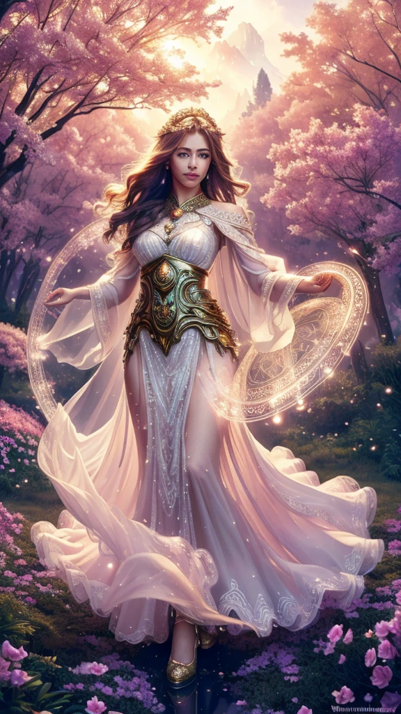 (best quality,4k,8k,highres,masterpiece:1.2),ultra-detailed,(realistic,photorealistic,photo-realistic:1.37),a spectacular Magical Girl in a vibrant garden,glowing with enchanting colors an aura of mystery,soft sunlight filtering through the trees,delicate flowers in full bloom,sparkling dew drops on the grass,fluttering butterflies and songbirds in the air,a shimmering halo around the girl's head,fine details of her flowing hair and sparkling eyes,a flowing and elegant dress with intricate lace patterns,subtle hints of magic in the form of glowing symbols in the air,powerful and confident posture of the Magical Girl,a sense of wonder and adventure in her expression,impressive background landscape with towering trees and distant mountains,rich and harmonious color palette with a mix of warm and cool tones,a magical wand with intricate carvings and sparkling gems,subtle reflections and highlights that add depth and realism to the image,a soft and dreamy lighting that enhances the magical atmosphere 。