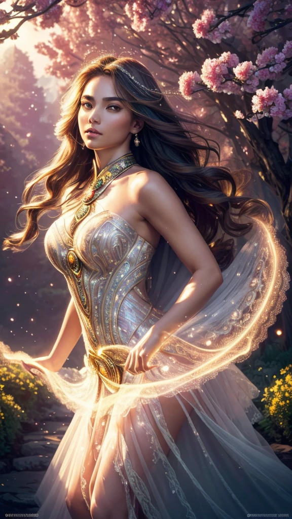 (best quality,4k,8k,highres,masterpiece:1.2),ultra-detailed,(realistic,photorealistic,photo-realistic:1.37),a spectacular Magical Girl in a vibrant garden,glowing with enchanting colors an aura of mystery,soft sunlight filtering through the trees,delicate flowers in full bloom,sparkling dew drops on the grass,fluttering butterflies and songbirds in the air,a shimmering halo around the girl's head,fine details of her flowing hair and sparkling eyes,a flowing and elegant dress with intricate lace patterns,subtle hints of magic in the form of glowing symbols in the air,powerful and confident posture of the Magical Girl,a sense of wonder and adventure in her expression,impressive background landscape with towering trees and distant mountains,rich and harmonious color palette with a mix of warm and cool tones,a magical wand with intricate carvings and sparkling gems,subtle reflections and highlights that add depth and realism to the image,a soft and dreamy lighting that enhances the magical atmosphere 。