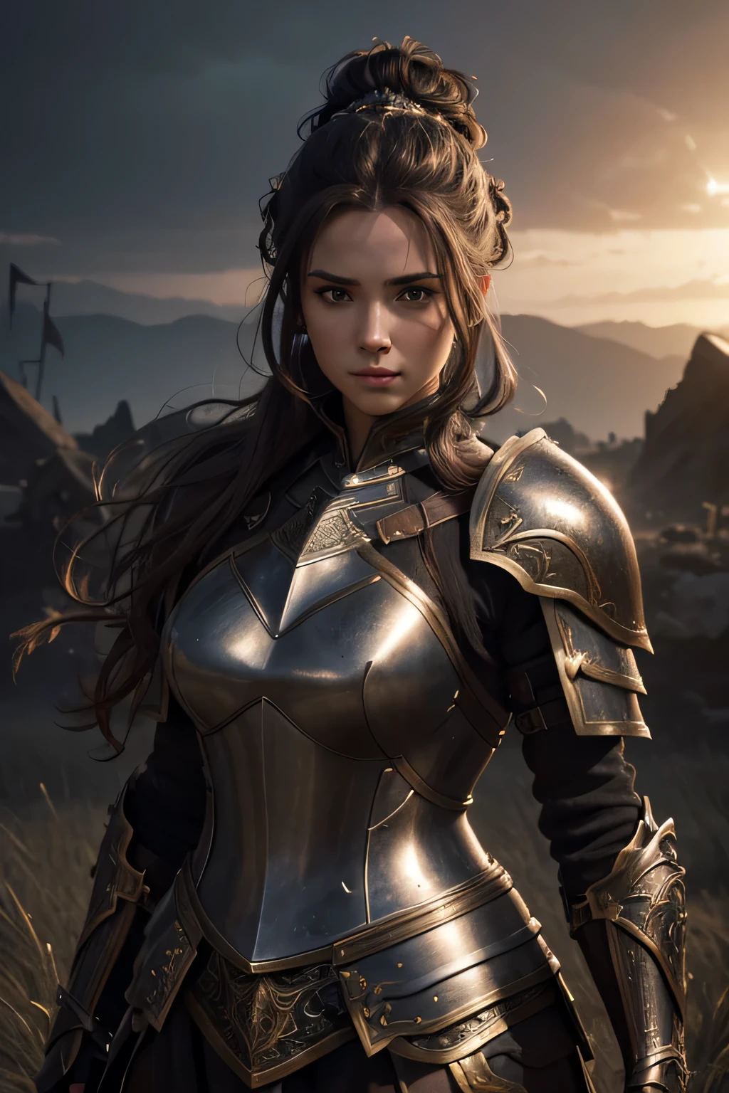 high resolution, masterpiece, highly detailed, 8k, cinematic lighting, field of depth, fantasy, beautiful woman, warrior, black armour, big greatsword, bronze hair, messy updo