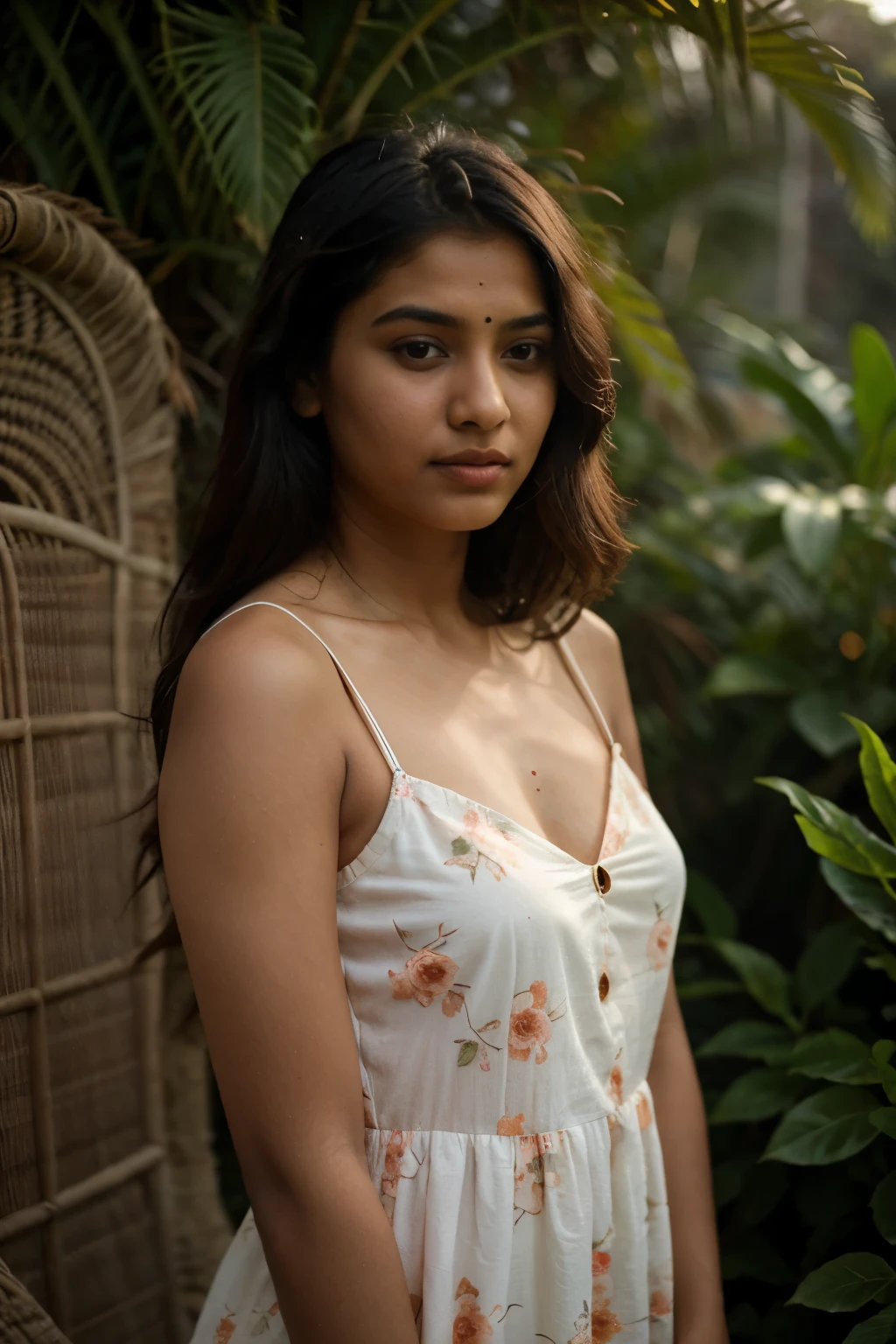 an extremely sexy young Indian woman wearing a vintage floral sun dress, (maan_steenwinkel_V4:0.8), detailed face, soft lighting, looking away, distracted, 