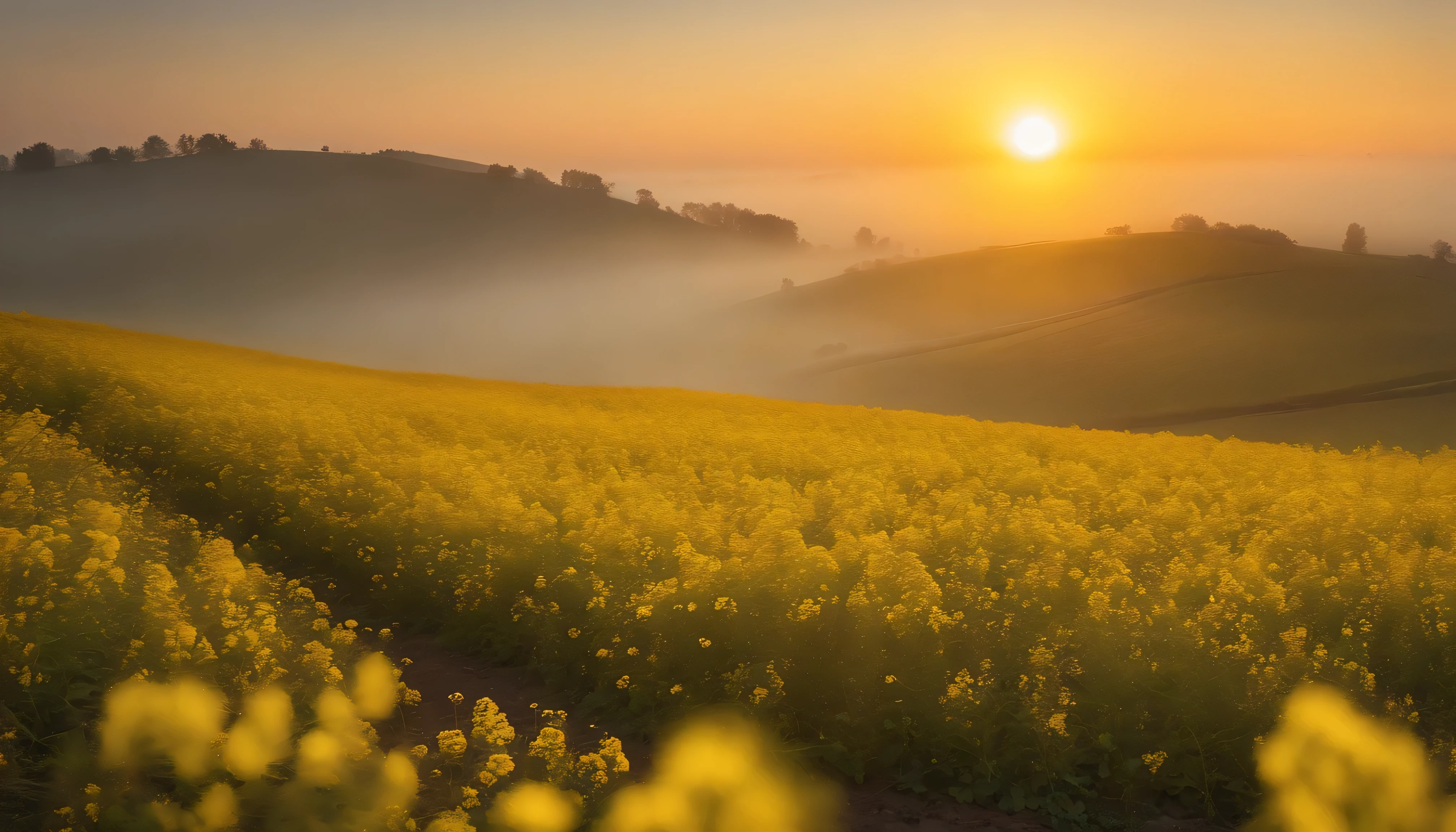 The tranquility of rape flowers blooming in the morning mist at autumn dawn，Soft golden tones depict the horizon of the flower fields and the sky，Scattered towards small wildflowers，IMAGE IN 2560X1440 PIXEL FORMAT