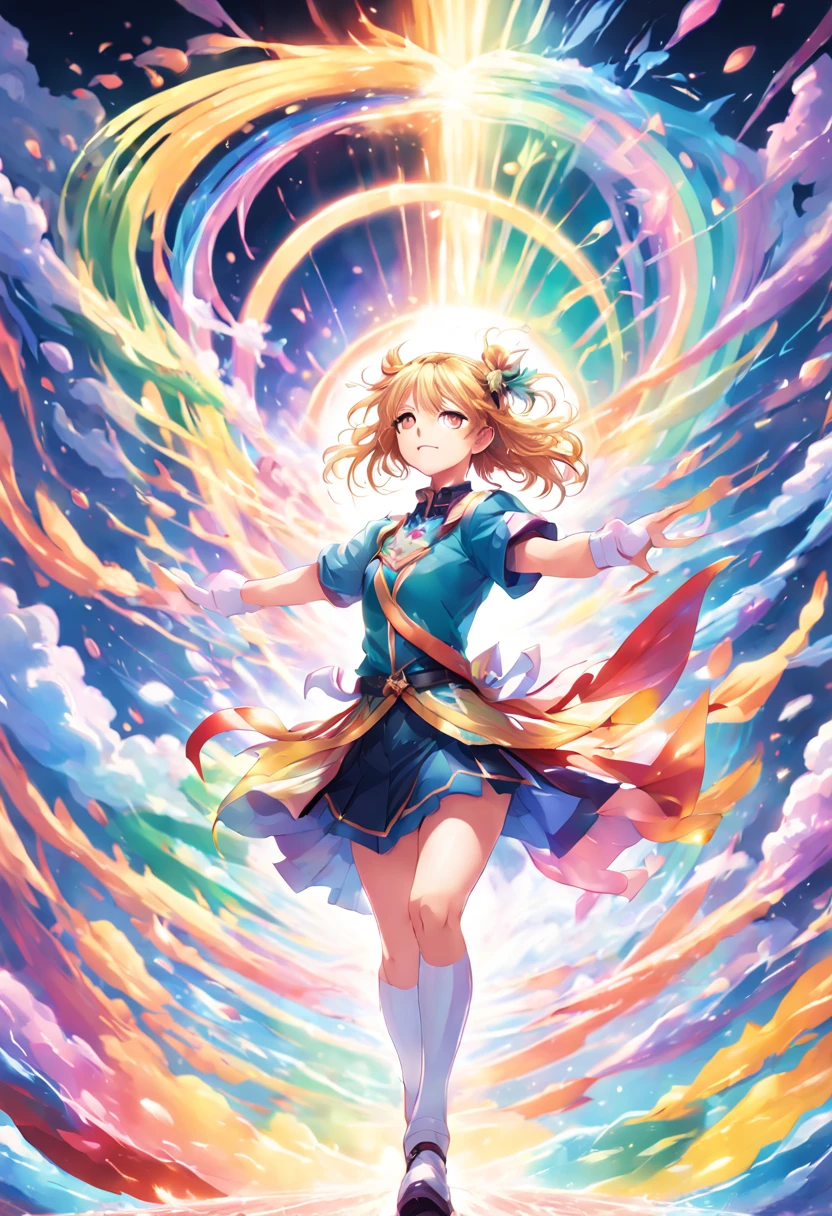 1girl, A magical girl standing victorious over a defeated fantastical enemy, surrounded by a rainbow of magical energies swirling around her in rich varied colors. Dynamic, brightly lit manga panel artwork.