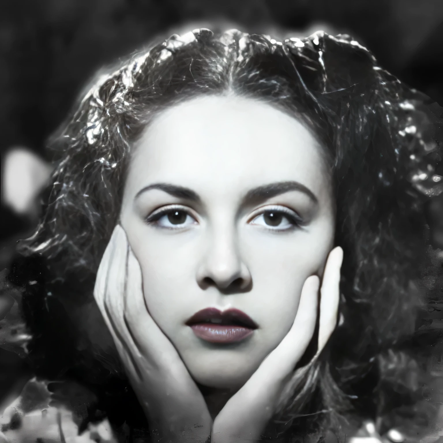 Mujer arafed con pelo rizado y un vestido negro posando para una foto., retrato of paulette goddard, Susan Hayward, close-up retrato film still, inspirado en Grete Stern, Meret Elisabeth Oppenheim, photo retrato, retrato, inspired by Lili Árkayné Sztehló, movie scene retrato closeup, inspirado por George Hurrell