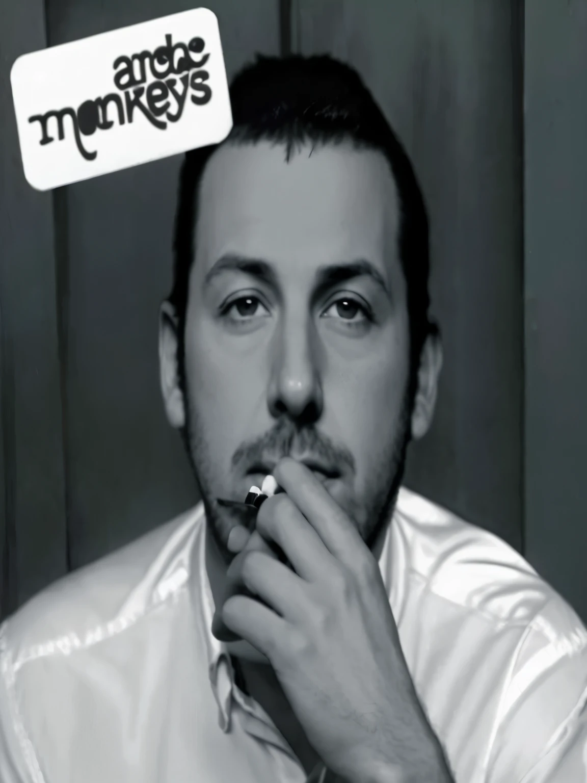 adam sandler- arctic monkeys.sharp man smoking a cigarette with a sign above his head, macacos, alternate album cover, foto promocional, macaco, (smoke), new album cover, album cover!, Adão Sandler, taken in the 2000s, inteiramente grande - olhos pretos, grandes olhos totalmente pretos, face like macaco, 2 0 1 1, 2011