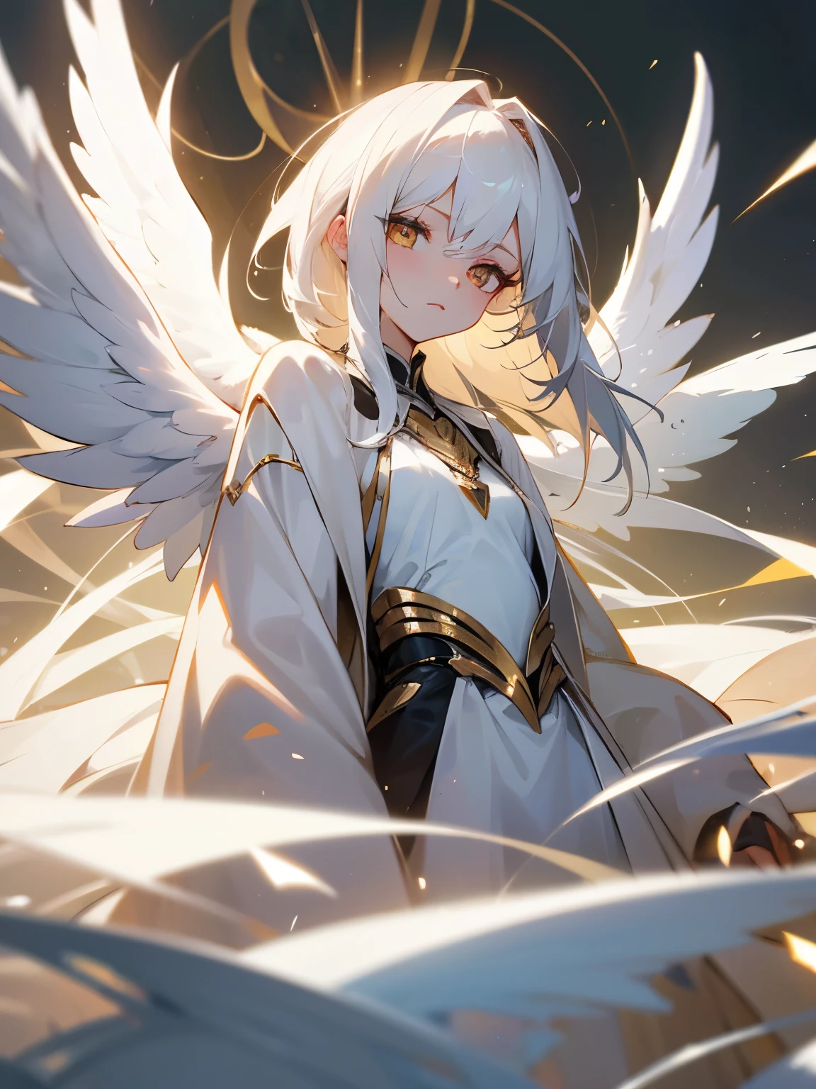 queen of angels, white hair, golden eyes (lighting), white wings, 