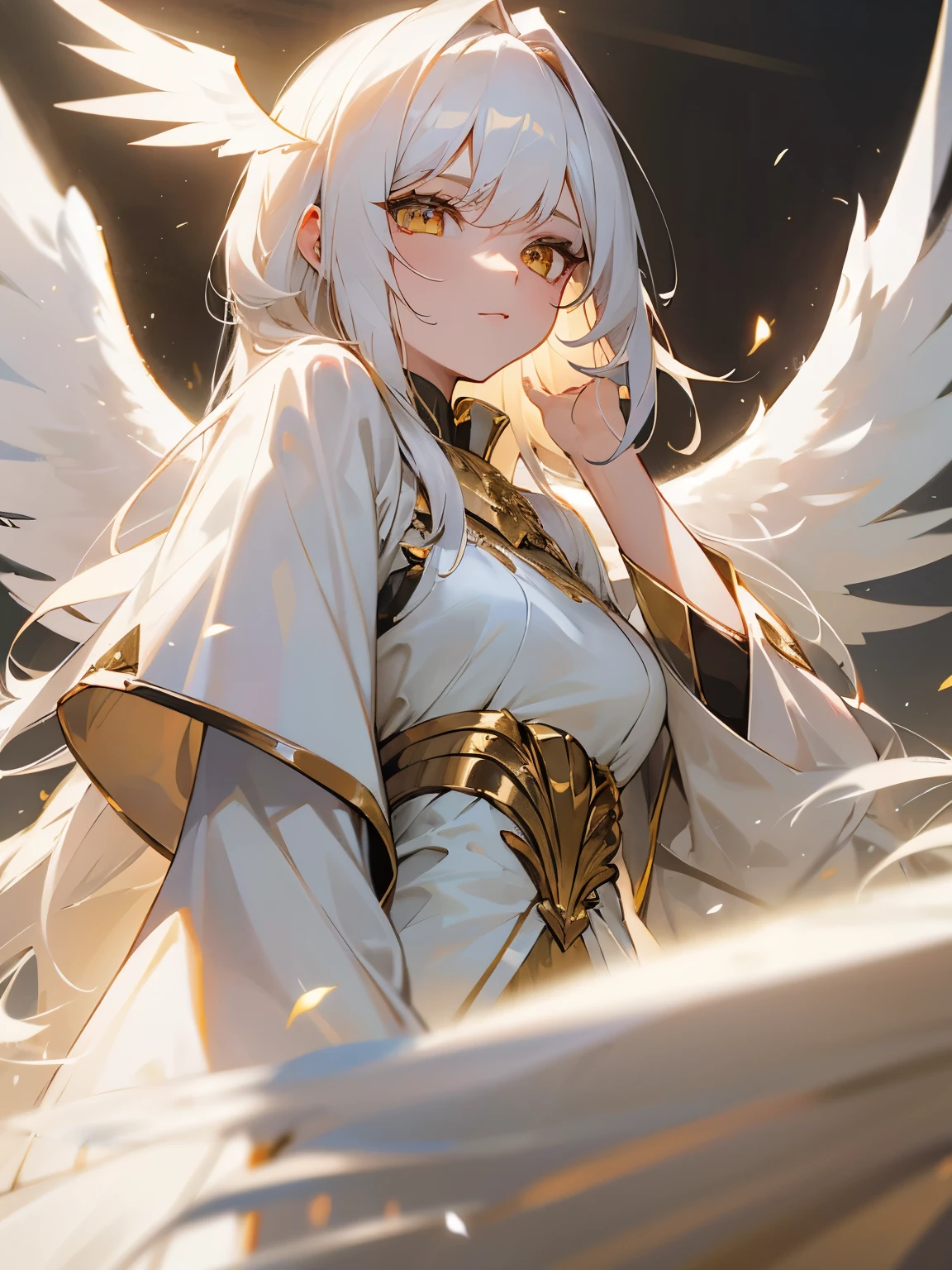 queen of angels, white hair, golden eyes (lighting), white wings,