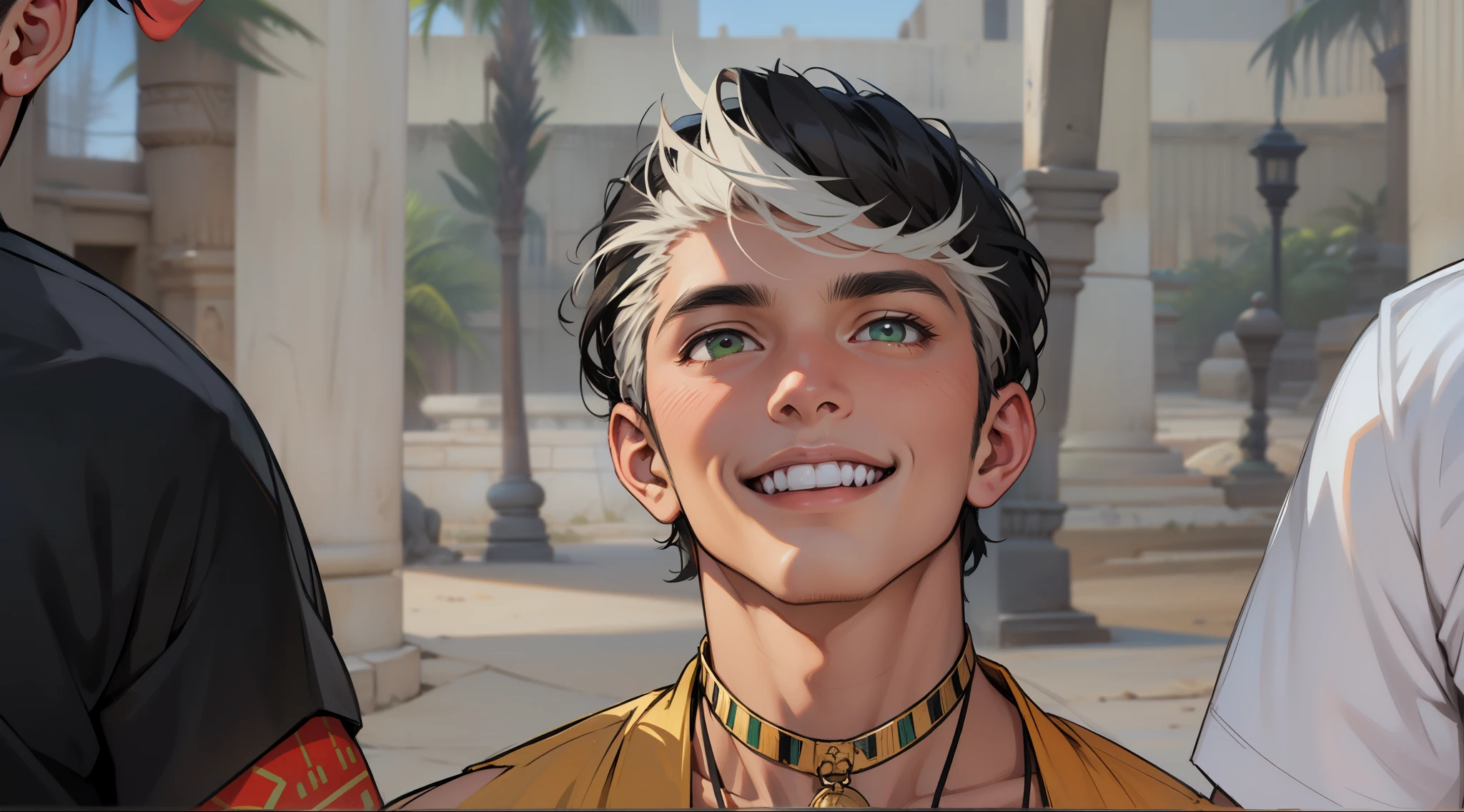 beautiful young man of 14 years of age, dark skin in the background, the ancient Egyptian smiles with a mischievous smile , tiene ojos verdes , sin camisa traje tribal antiguio del egipto