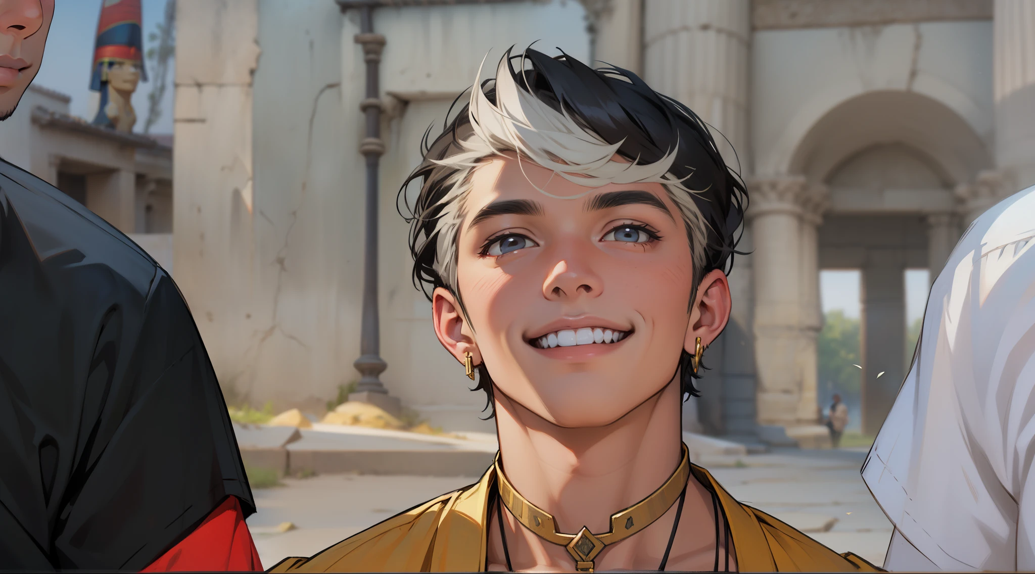 beautiful young man of 14 years of age, dark skin in the background, the ancient Egyptian smiles with a mischievous smile , habla con tranquilidad