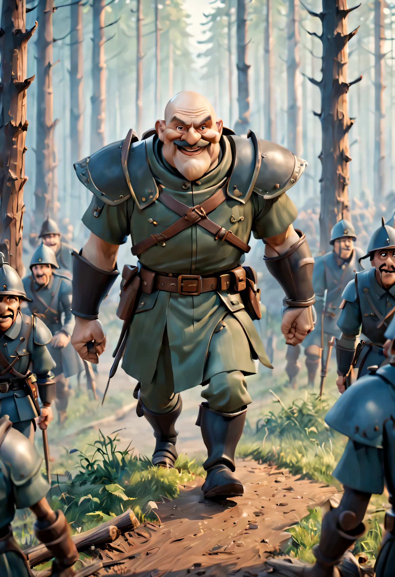 A Russian fairy tale. A very dynamic scene. Close-up in full height. Evil General Urfin Jus is smiling broadly and evil and commanding the army. The wooden soldiers are made of logs. Photorealistic, cinematographic. Studio Ghibli, Pixar. Blurred background. Light haze.