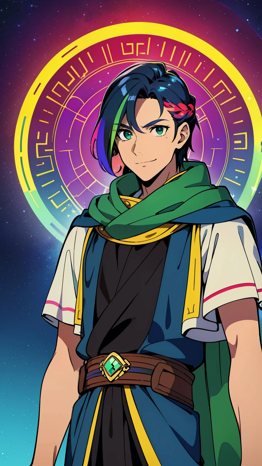 (high-quality, breathtaking),(expressive eyes, perfect face) 1boy, male,  teenager, solo, medium length hair, rainbow hair color, multicolored hair, rainbow streaks hair color, rainbow highlights hair hair color, glowing hair, meadow green hazel eyes, positive expression, charming smile, cloak, shirt, vibrant nebula space background, upper body, magic, elegant, age 1ek Clothing, portrait, fantasy mage clothing, adventurers clothing, lightly tanned skin, God of Order and Art, Artist Profession, Artist Clothing, beautiful hairstyle

