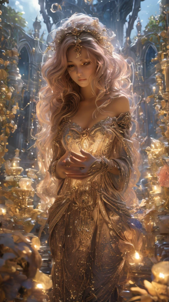 (best quality,4k,8k,highres,masterpiece:1.2),ultra-detailed,(realistic,photorealistic,photo-realistic:1.37),a spectacular Magical Girl in a vibrant garden,glowing with enchanting colors an aura of mystery,soft sunlight filtering through the trees,delicate flowers in full bloom,sparkling dew drops on the grass,fluttering butterflies and songbirds in the air,a shimmering halo around the girl's head,fine details of her flowing hair and sparkling eyes,a flowing and elegant dress with intricate lace patterns,subtle hints of magic in the form of glowing symbols in the air,powerful and confident posture of the Magical Girl,a sense of wonder and adventure in her expression,impressive background landscape with towering trees and distant mountains,rich and harmonious color palette with a mix of warm and cool tones,a magical wand with intricate carvings and sparkling gems,subtle reflections and highlights that add depth and realism to the image,a soft and dreamy lighting that enhances the magical atmosphere 。