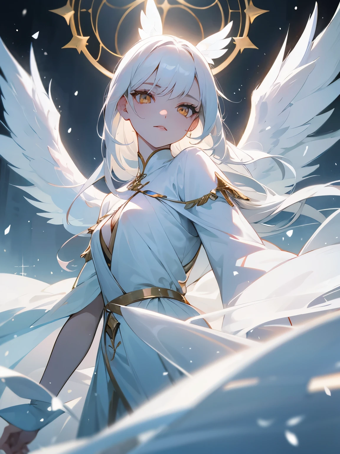 queen of angels, white hair, golden eyes (lighting), white wings, snow-white skin 