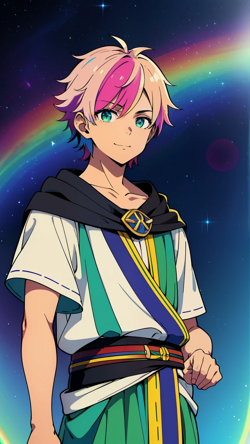 (high-quality, breathtaking),(expressive eyes, perfect face) 1boy, male, young teenager, solo, short length hair, rainbow hair color, multicolored hair, rainbow streaks hair color, rainbow highlights hair hair color, glowing hair, meadow green hazel eyes, positive expression, charming smile, cloak, shirt, vibrant nebula space background, upper body, magic, elegant, age 15, Greek Clothing, portrait, fantasy mage clothing, adventurers clothing, lightly tanned skin, God of Order and Art, Artist Profession, Artist Clothing, beautiful hairstyle