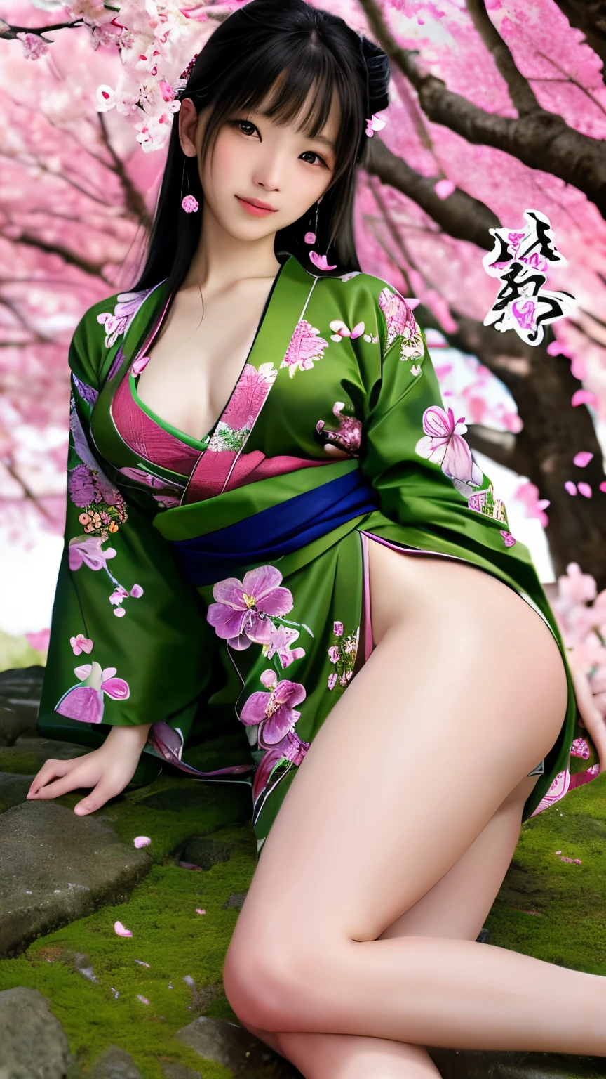 最high quality、high quality、best image quality、8K、最High resolution、High resolution、最high quality、masterpiece、Realistic human body with detailed details、Realistic skin in every detail、Realistic face in every detail、Realistic eyes in every detail、Realistic lips in every detail、Realistic teeth in every detail、Realistic ears with attention to detail、Realistic hair with detailed details、Realistic arms with attention to detail、Realistic hands with attention to detail、Realistic fingers with attention to detail、(fine hands、thumb1reference4)、Realistic legs with attention to detail、Realistic feet with attention to detail、((beautiful japanese girl))、(japanese model), (japanese woman)、((18 year old beautiful girl))、(black hair)、(straight hair)、((whole body))、((Beautiful breasts directed upwards、Medium chest))、(slim style、slender style)、(whole body光沢肌、Fair skin)、Detailed and realistic human body、detailed realistic skin、detailed realistic face、detailed realistic arms、Detailed realistic fingers、Detailed realistic feet、soft natural light、samurai kimono、maiko kimono、servant、geisha kimono、japanese kimono、Furisode、kimono、Yukata、japanese traditional、Samurai Residence、Japanese garden、((colorful transparent vinyl(flowery kimono、Hakama with side slits))、((Under the cherry blossom tree in full bloom(Poses that make your thighs look sexy))