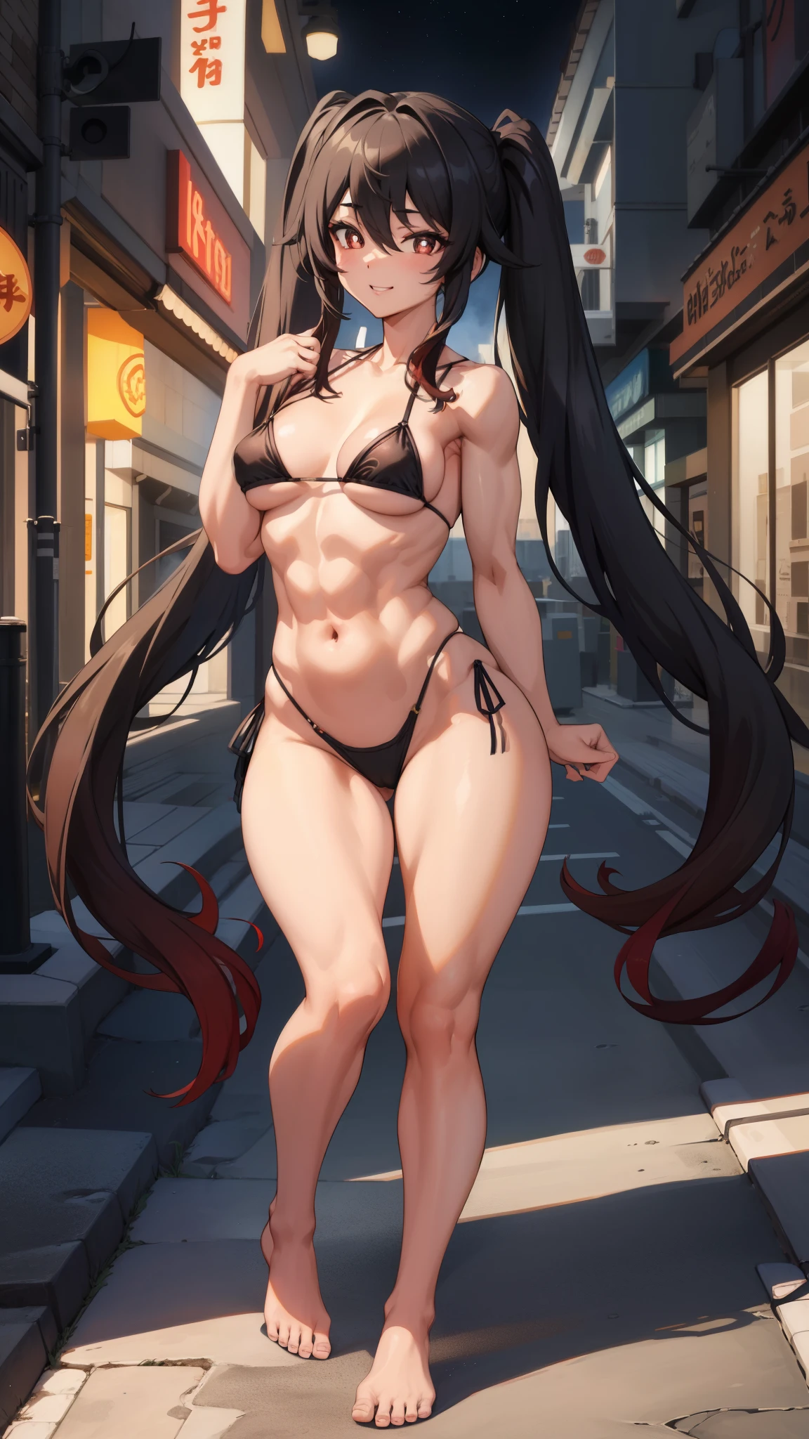 artwork, best quality, HuTaoV4, 1 girl, Alone, sadistic smile, twintails, Long hair, hair between eyes, standing, full body photo, medium breasts, (long legs and muscular), slim body, black nails , ((wearing a very short and sexy bikini)), CITY, outdoors, night, Movie poster, 8K extremely detailed, smooth, high resolution, ultra quality, Cinematic lighting, ambient occlusion, high definition, 2k, 4k, 8k, 16k, extremely detailed anime, detailed faces, perfect composition, wide shot, Atmospheric lighting,