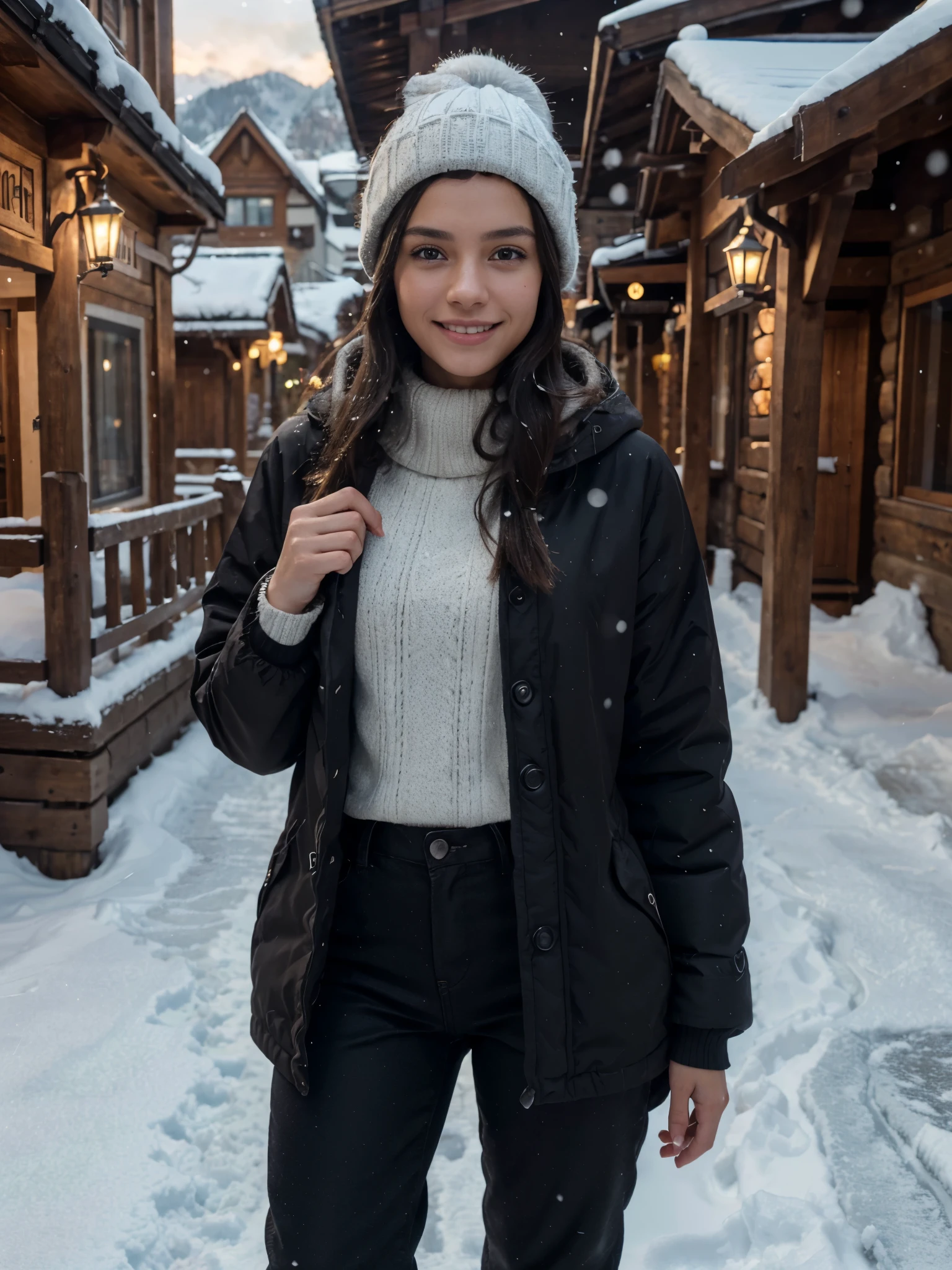 8k, RAW photo, best quality, ultra high resolution, photorealistic, realistic photo of skinny brunette girl in the mountain village, (skinny brunette girl, slim face, tanned skin, black hair, straight hair), in the mountain village, winter, snow, (wearing winterwear), pants, sweater, coat, hat, looking at viewer, smiling, (extremely detailed CG unity 8k wallpaper), 8k uhd, dslr, bright lighting, high quality, film grain, Fujifilm XT3 sharp focus, f 5.6, High Detail, Sharp focus