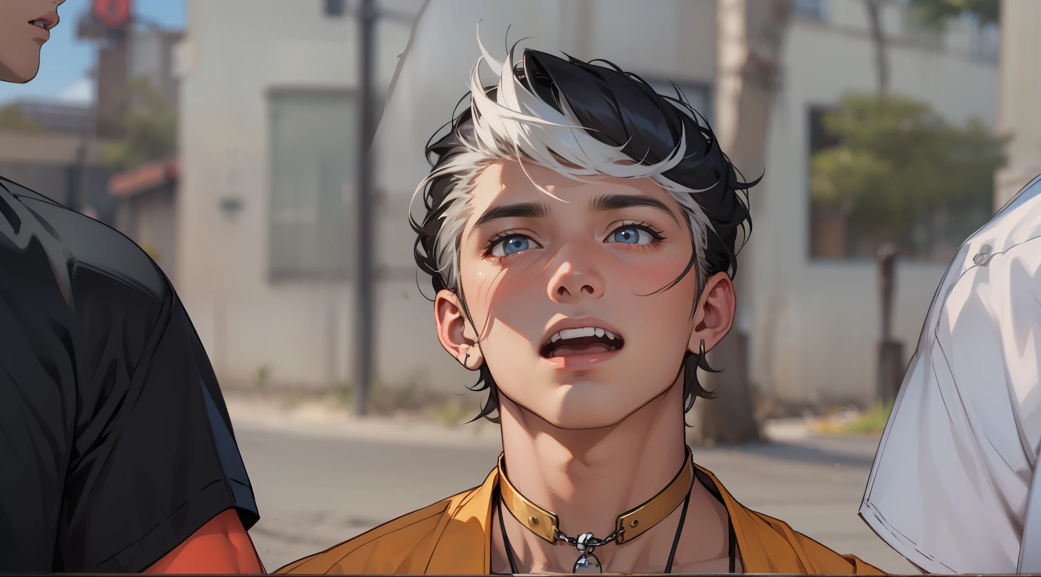 beautiful young man of with dark skin is talking with his mouth open and shouts, he is a little surprised