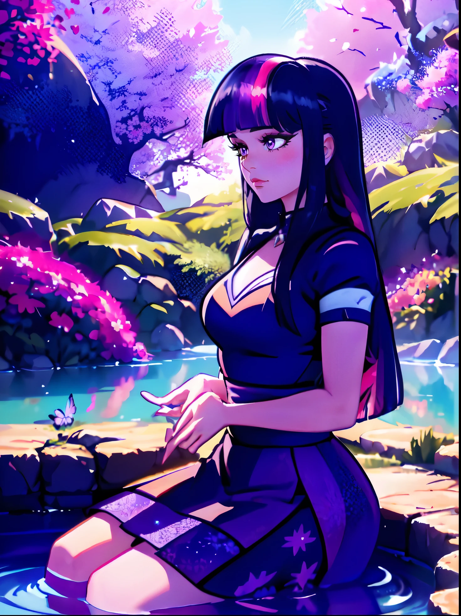 Twilight sparkle, twilight sparkle from my little pony, twilight sparkle in the form of a young woman, big breasts, lush breasts, ((threes tones of hair, indigo straight hair with purple and pink stripes)), in a garden, purple and pink flowers, solo, one character, pink and purple dress: 1.5, long sleeves, thin, purple eyes, gentle smile, beautiful detailed garden: 1.5, under a trees, jacaranda trees: 2.5, sitting on grass, lavender flowers every: 1.5, purple skirt with white stars: 1.5, so many connected ponds with lily pads and flowers on it beautiful pond: 2.0,, lily pads, lilac flowers everywhere: 2.0, extremely long hair, DUSK: 2.0, twilight time: 2.0, bright glowing purple evening sky, ethereal sky, purple thigh high, highly detailed legging, she is sitting by the ponds, reflection on water, stars, bright glowing shimmering stars, vibrant atmosphere: 1.0, breath taking scenery: 2.0, HIGHLY DETAILED LIGHTING:1.0, dramatic lighting, so much foliage, different varieties of colorful flowers all around her those flowers attract butterflies, highly detailed butterflies,  