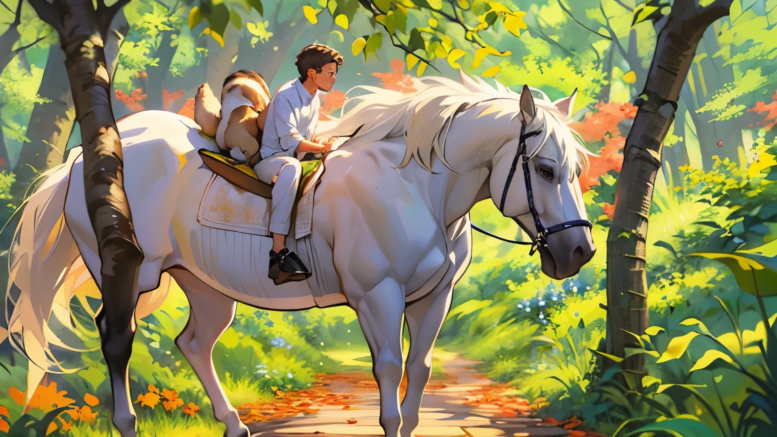 (((16 years old Young Tall Slim Boy in Casual White Shirt casual black trouser))), (((a white horse))), (((a Wiggly white and light brown Dog))), (((a Squirrel))),The surrounding trees and bushes are a vibrant tapestry of life, their branches adorned with rich textures of natural fibers and leaves in shades of green, creating a stunningly beautiful backdrop. The sunlight filters through the foliage, casting dappled patterns on the ground, adding to the serene and idyllic atmosphere. --seed 3318333492